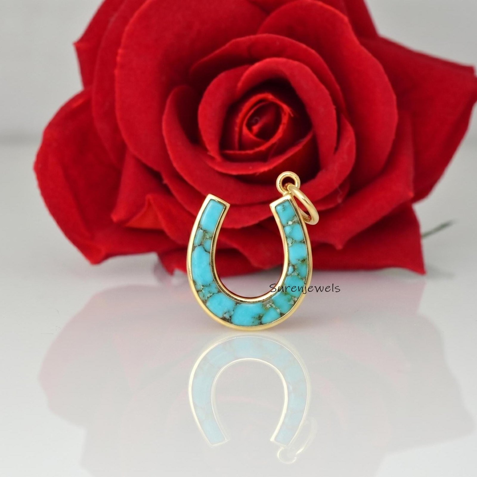 14k Gold Turquoise Horseshoe Pendant, Carved Handmade Horseshoe Pendant jewelry - View 3 - Suren Jewels | SKU: SJP 14k Gold Turquoise Horseshoe Pendant, Carved Handmade Horseshoe Pendant jewelry - View 3 - Suren Jewels | SKU: SJP