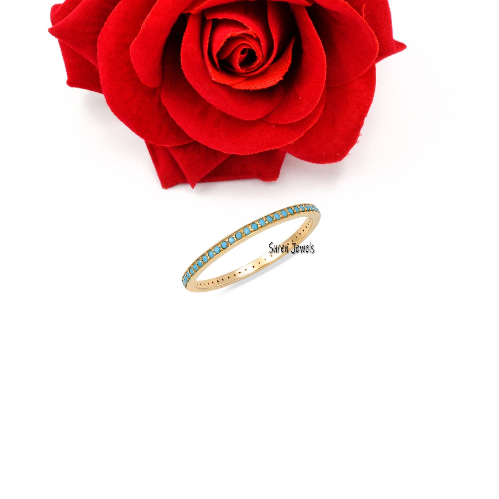 14k Gold Turquoise Wedding Band: Micro Pave Eternity Ring - Suren Jewels | SKU: SJR764-14KYGTQ 14k Gold Turquoise Wedding Band: Micro Pave Eternity Ring - Suren Jewels | SKU: SJR764-14KYGTQ