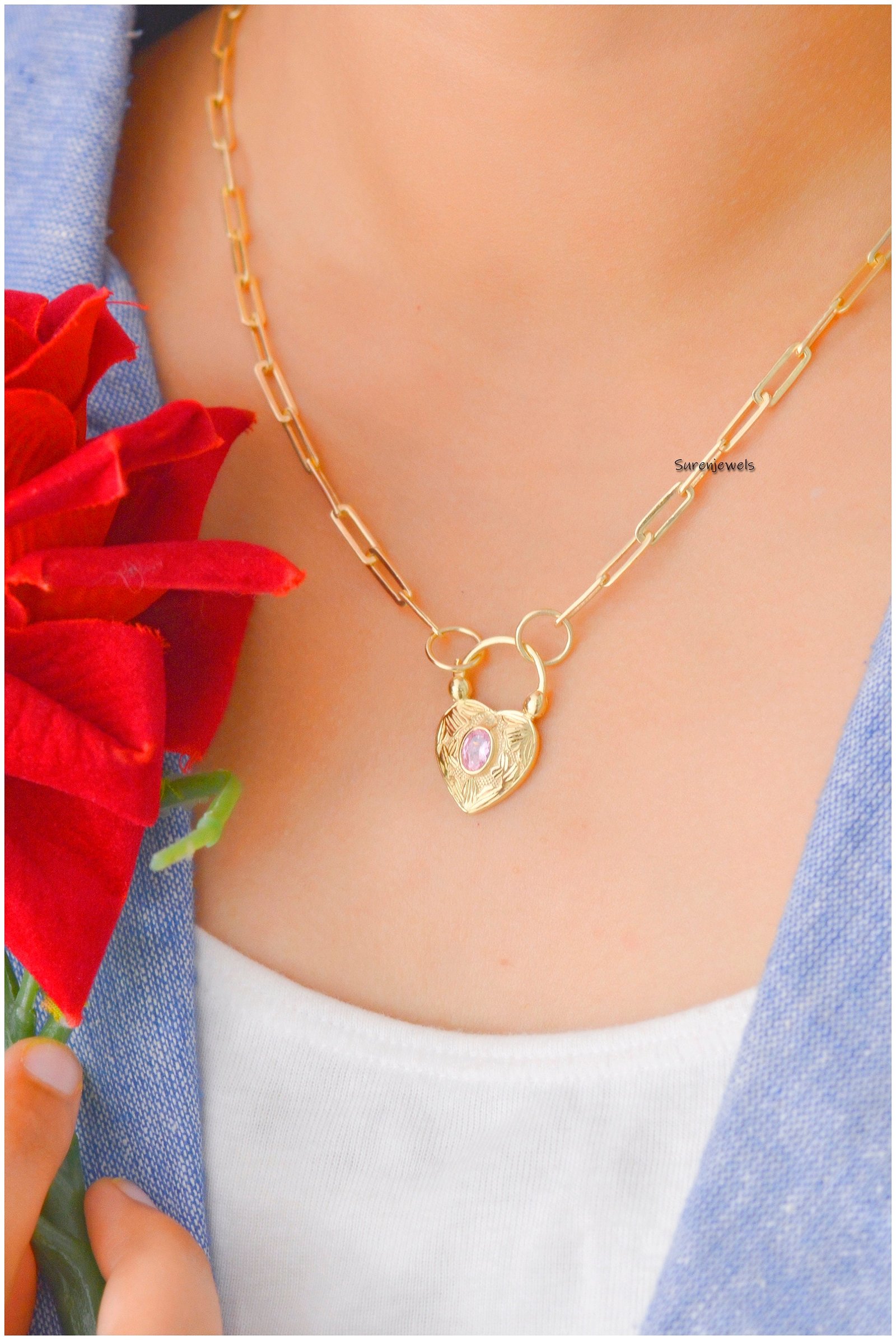 14K Gold Vermeil Heart Padlock: Gemstone Connector Jewelry (25*15mm) - View 2 - Suren Jewels | SKU: SJP92-SLYGTQ-N47-18I 14K Gold Vermeil Heart Padlock: Gemstone Connector Jewelry (25*15mm) - View 2 - Suren Jewels | SKU: SJP92-SLYGTQ-N47-18I