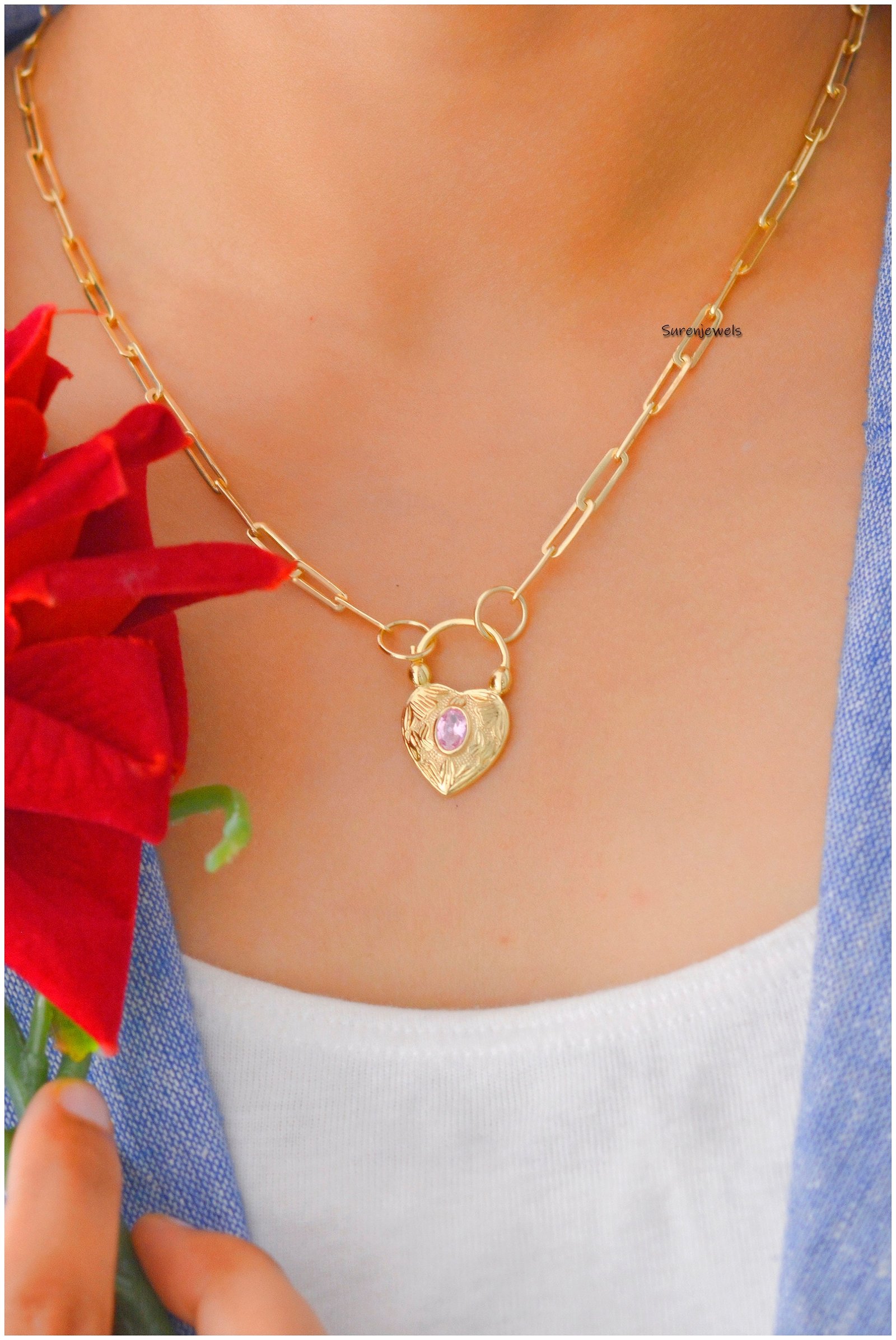 14K Gold Vermeil Heart Padlock: Gemstone Connector Jewelry (25*15mm) - View 4 - Suren Jewels | SKU: SJP92-SLYGTQ-N47-18I 14K Gold Vermeil Heart Padlock: Gemstone Connector Jewelry (25*15mm) - View 4 - Suren Jewels | SKU: SJP92-SLYGTQ-N47-18I