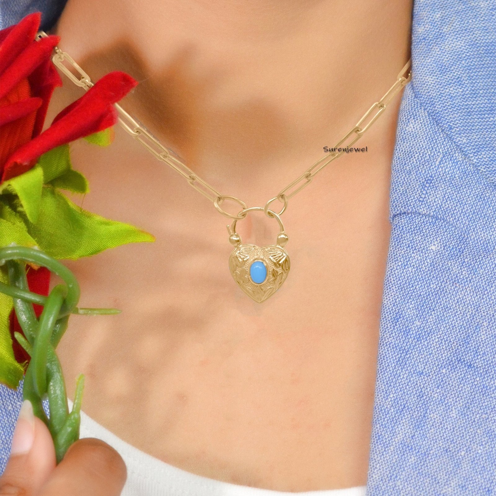 14K Gold Vermeil Heart Padlock: Gemstone Connector Jewelry (25*15mm) - View 5 - Suren Jewels | SKU: SJP92-SLYGTQ-N47-18I 14K Gold Vermeil Heart Padlock: Gemstone Connector Jewelry (25*15mm) - View 5 - Suren Jewels | SKU: SJP92-SLYGTQ-N47-18I