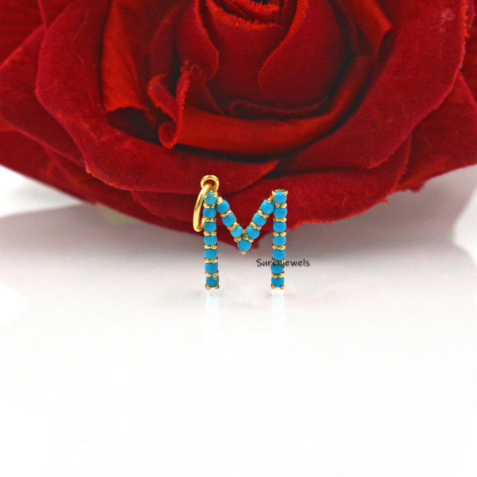 14k Gold Vermeil Turquoise Letter Charm: Gemstone Initial Pendant - Suren Jewels | SKU: SJP87-SLNSTQ-K 14k Gold Vermeil Turquoise Letter Charm: Gemstone Initial Pendant - Suren Jewels | SKU: SJP87-SLNSTQ-K
