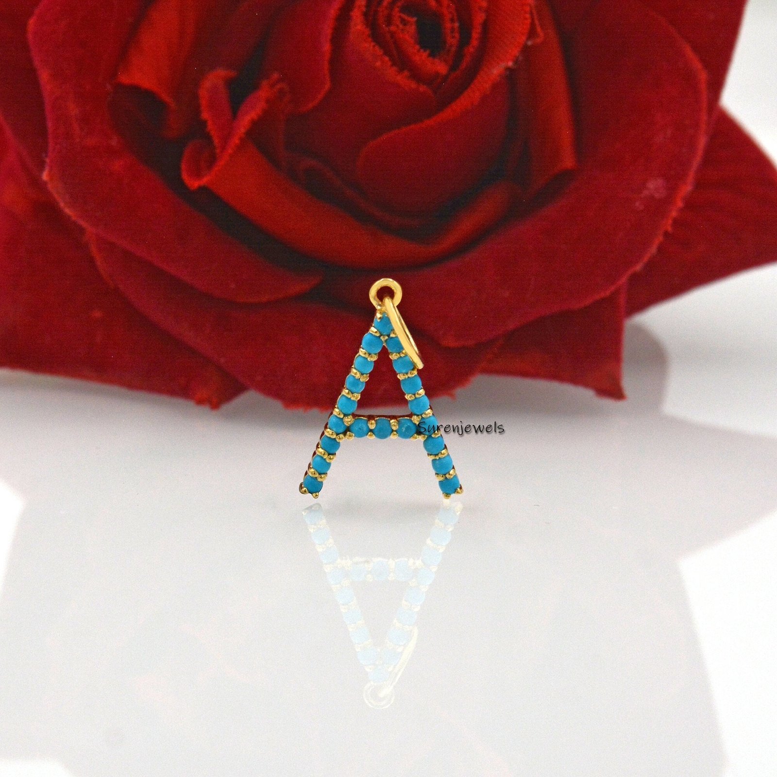 14k Gold Vermeil Turquoise Letter Charm: Gemstone Initial Pendant - View 2 - Suren Jewels | SKU: SJP87-SLNSTQ-K 14k Gold Vermeil Turquoise Letter Charm: Gemstone Initial Pendant - View 2 - Suren Jewels | SKU: SJP87-SLNSTQ-K