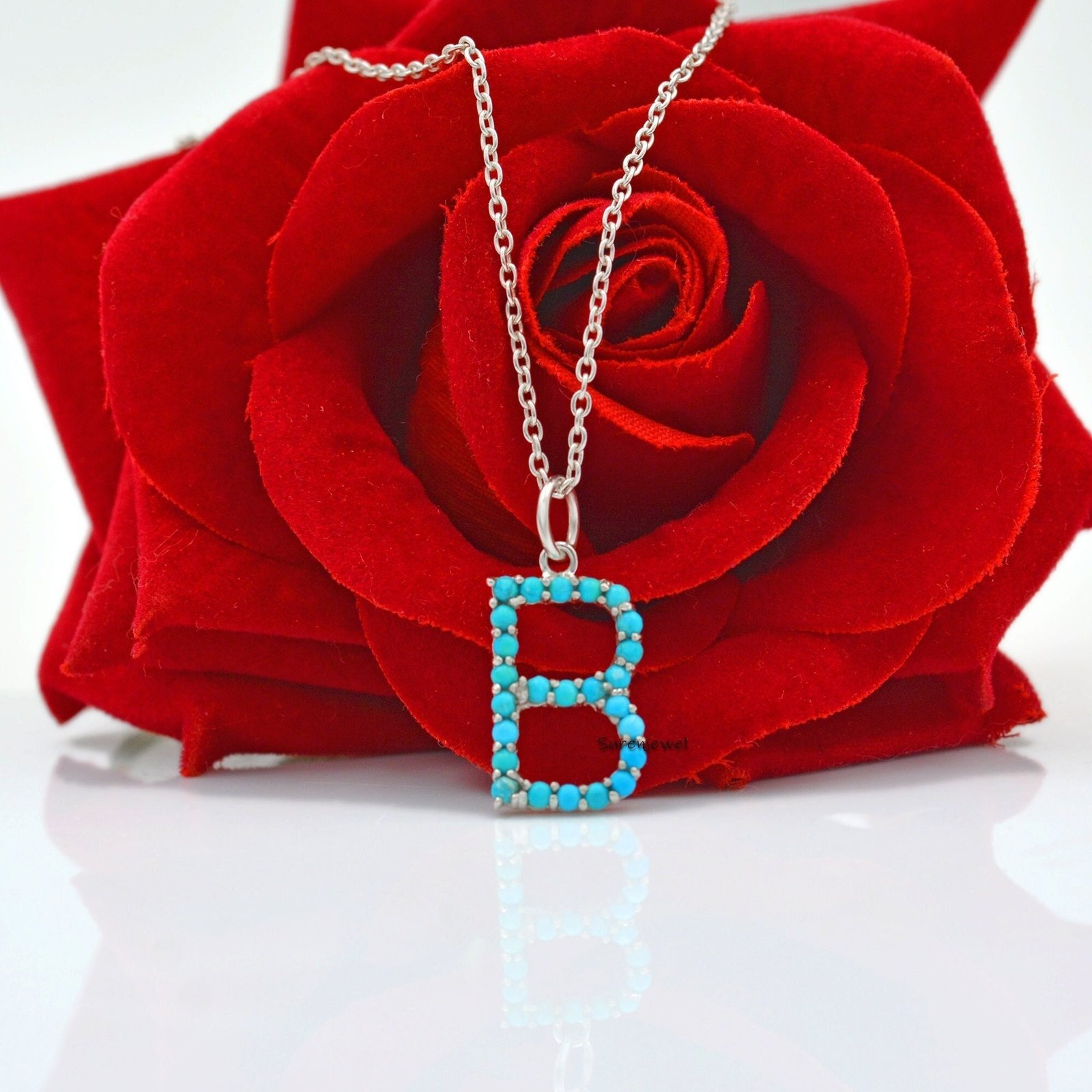 14k Gold Vermeil Turquoise Letter Charm: Gemstone Initial Pendant - View 4 - Suren Jewels | SKU: SJP87-SLNSTQ-K 14k Gold Vermeil Turquoise Letter Charm: Gemstone Initial Pendant - View 4 - Suren Jewels | SKU: SJP87-SLNSTQ-K