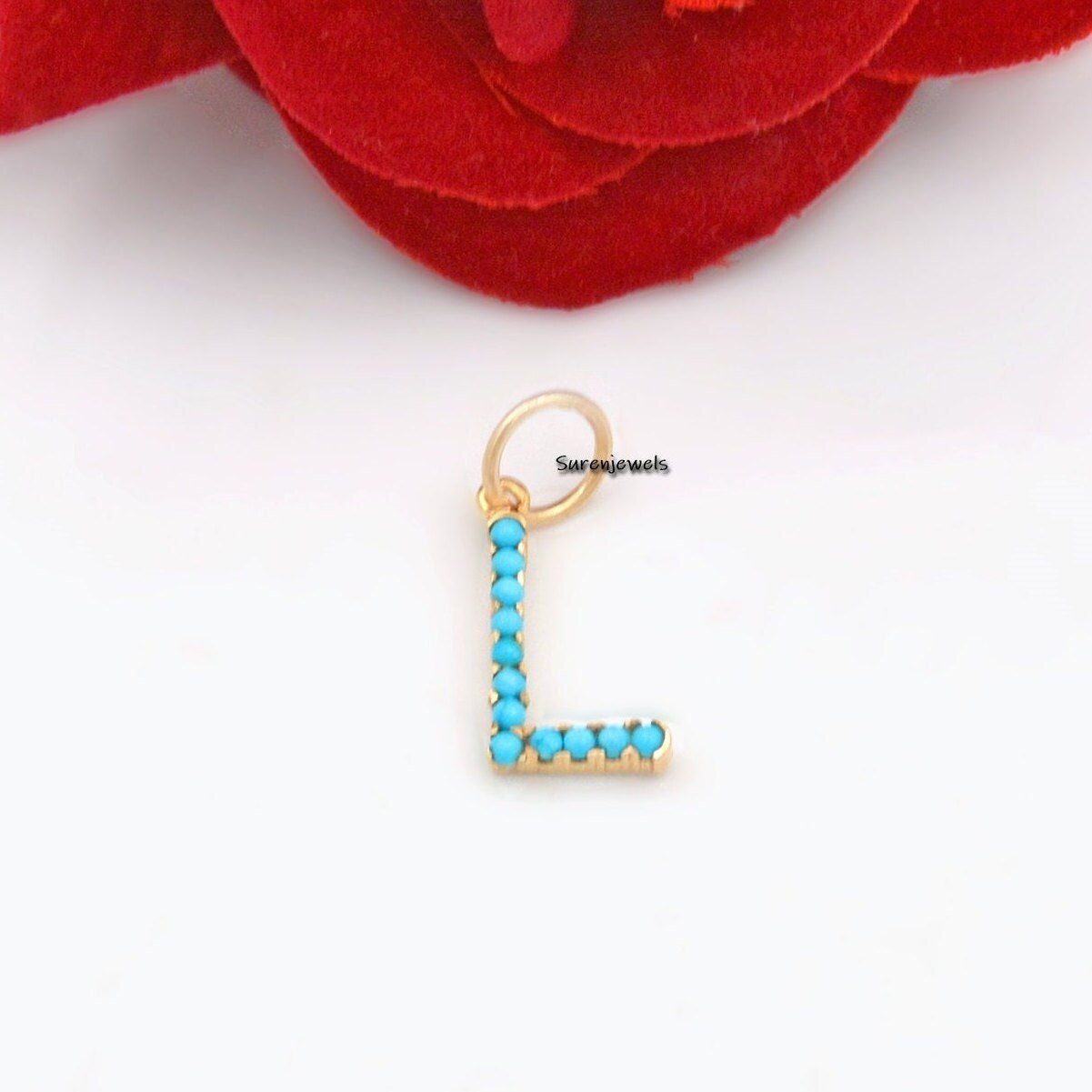14k Gold Vermeil Turquoise Letter Charm: Gemstone Initial Pendant - View 5 - Suren Jewels | SKU: SJP87-SLNSTQ-K 14k Gold Vermeil Turquoise Letter Charm: Gemstone Initial Pendant - View 5 - Suren Jewels | SKU: SJP87-SLNSTQ-K