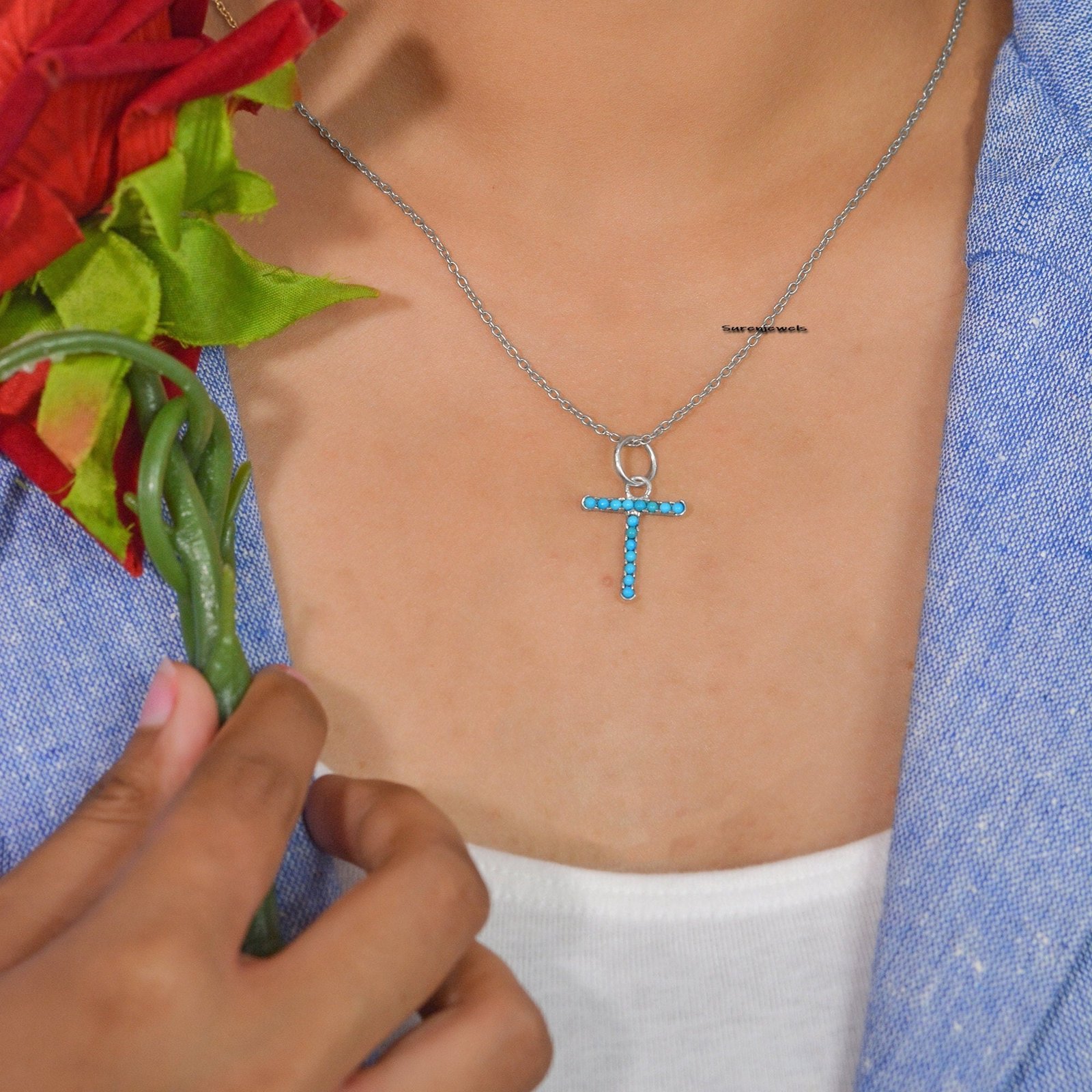 14k Gold Vermeil Turquoise Letter Charm: Gemstone Initial Pendant - View 6 - Suren Jewels | SKU: SJP87-SLNSTQ-K 14k Gold Vermeil Turquoise Letter Charm: Gemstone Initial Pendant - View 6 - Suren Jewels | SKU: SJP87-SLNSTQ-K