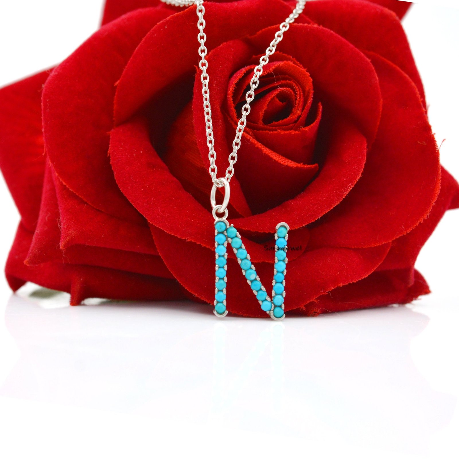 14k Gold Vermeil Turquoise Letter Charm: Gemstone Initial Pendant - View 7 - Suren Jewels | SKU: SJP87-SLNSTQ-K 14k Gold Vermeil Turquoise Letter Charm: Gemstone Initial Pendant - View 7 - Suren Jewels | SKU: SJP87-SLNSTQ-K
