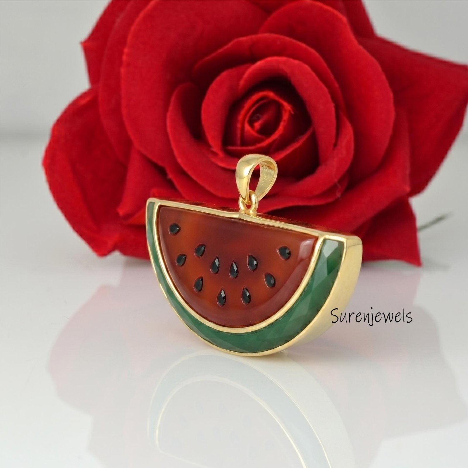 14k Gold Watermelon Pendant, Gemstone Watermelon Pendant, 14k Watermelon Fruit Pendant, 14k Gemstone Fruit jewelry, Carved Ge 14k Gold Watermelon Pendant, Gemstone Watermelon Pendant, 14k Watermelon Fruit Pendant, 14k Gemstone Fruit jewelry, Carved Ge