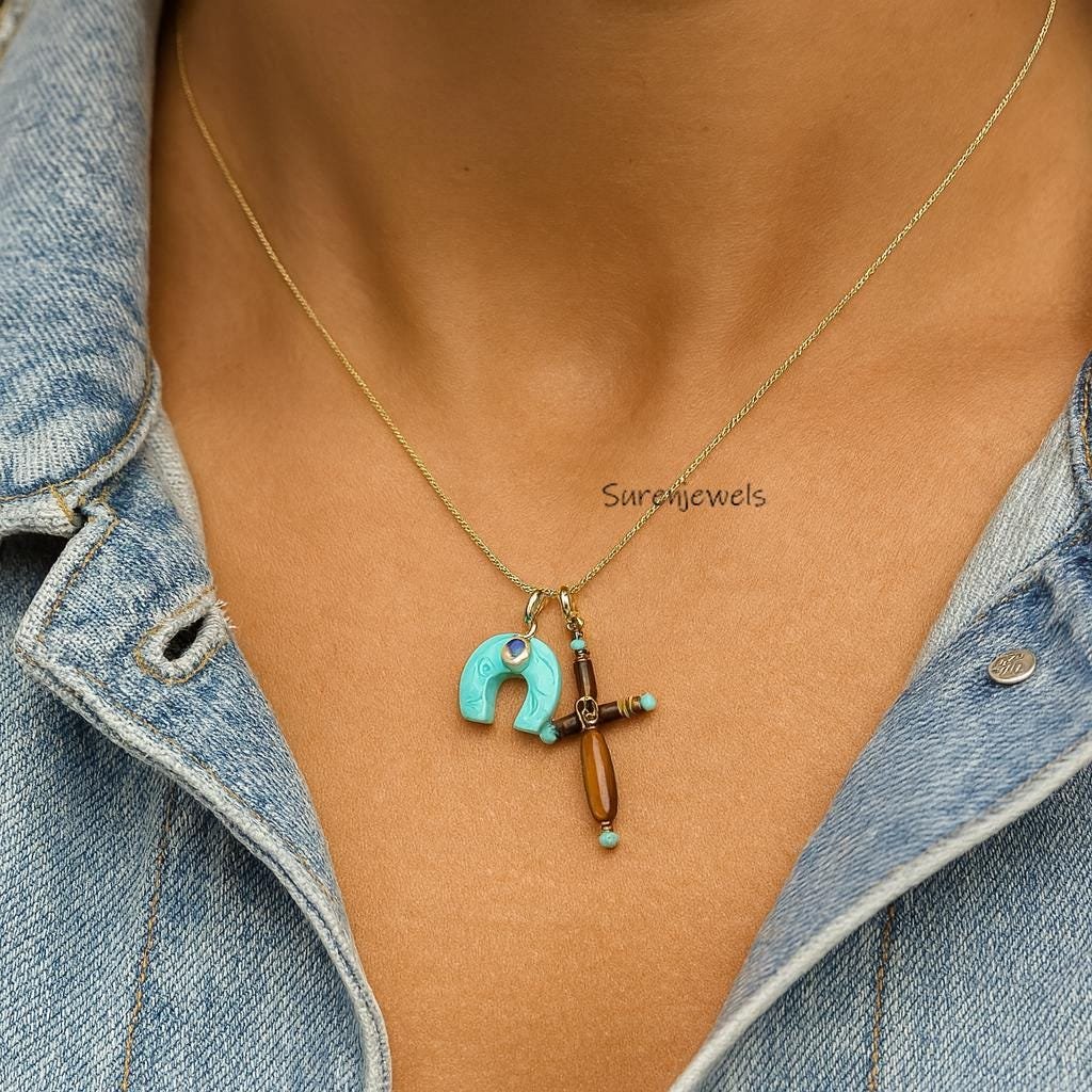 14k Plated Turquoise Horseshoe Pendant: gemstone cross charms - Suren Jewels | SKU: sjp 14k Plated Turquoise Horseshoe Pendant: gemstone cross charms - Suren Jewels | SKU: sjp