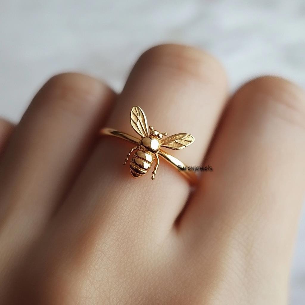 14K Solid Gold Bee Ring: Moissanite Honeycomb Jewelry - Suren Jewels | SKU: SJR2914 14K Solid Gold Bee Ring: Moissanite Honeycomb Jewelry - Suren Jewels | SKU: SJR2914