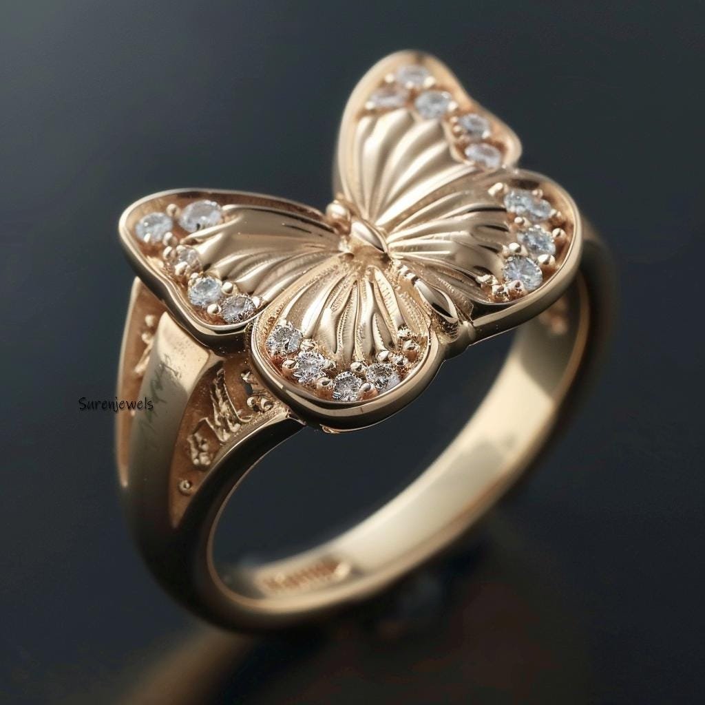14K Solid Gold Butterfly Ring: Moissanite Animal Jewelry - View 2 - Suren Jewels | SKU: SJR3190-SLYGCZ-US-9,SJR2766-SLYGCZ-US 14K Solid Gold Butterfly Ring: Moissanite Animal Jewelry - View 2 - Suren Jewels | SKU: SJR3190-SLYGCZ-US-9,SJR2766-SLYGCZ-US