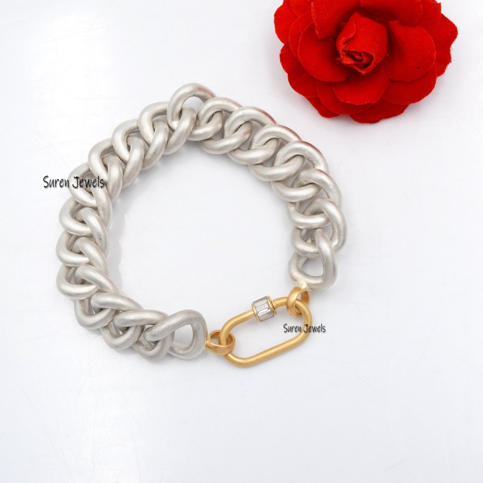 14k Solid Gold Carabiner Lock Bracelet: Chunky Curb Chain, White Topaz - Suren Jewels | SKU: MJA554-SLWGYGBTTWT-C136-25M 14k Solid Gold Carabiner Lock Bracelet: Chunky Curb Chain, White Topaz - Suren Jewels | SKU: MJA554-SLWGYGBTTWT-C136-25M