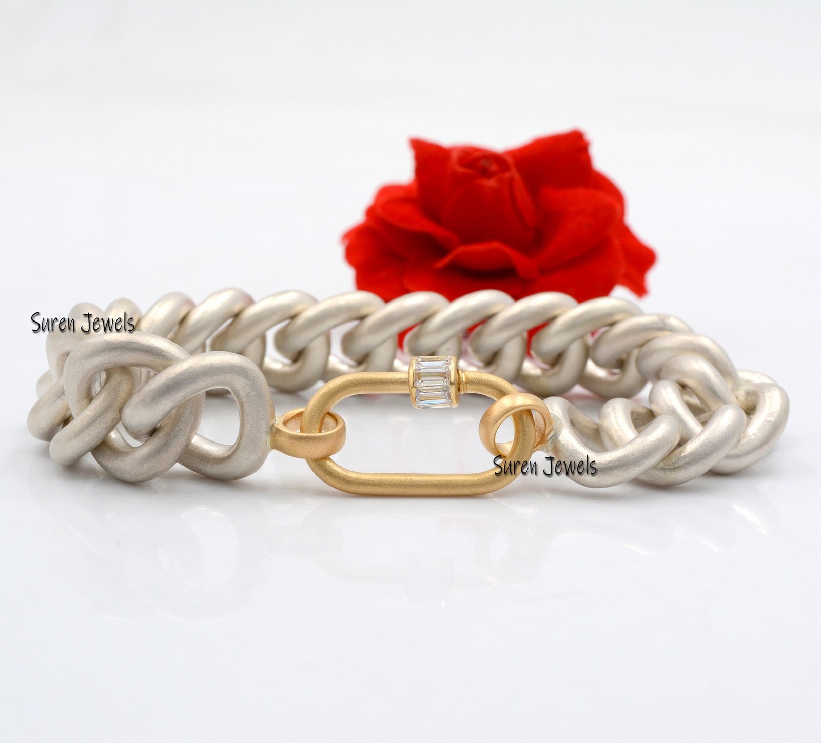 14k Solid Gold Carabiner Lock Bracelet: Chunky Curb Chain, White Topaz - View 4 - Suren Jewels | SKU: MJA554-SLWGYGBTTWT-C136 14k Solid Gold Carabiner Lock Bracelet: Chunky Curb Chain, White Topaz - View 4 - Suren Jewels | SKU: MJA554-SLWGYGBTTWT-C136