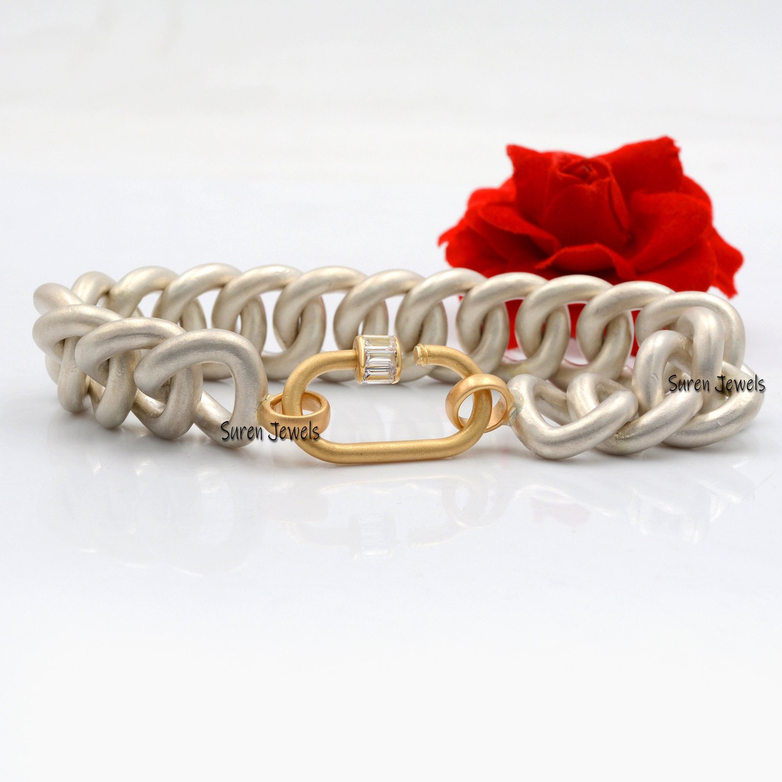 14k Solid Gold Carabiner Lock Bracelet: Chunky Curb Chain, White Topaz - View 7 - Suren Jewels | SKU: MJA554-SLWGYGBTTWT-C136 14k Solid Gold Carabiner Lock Bracelet: Chunky Curb Chain, White Topaz - View 7 - Suren Jewels | SKU: MJA554-SLWGYGBTTWT-C136