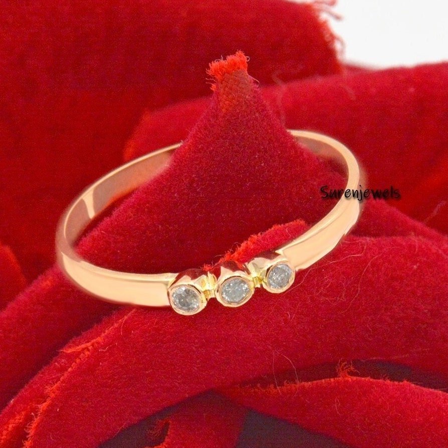 14K Solid Gold Diamond Ring: Bezel Set Three Stone Ring - Suren Jewels | SKU: SJR700-14KRGDI 14K Solid Gold Diamond Ring: Bezel Set Three Stone Ring - Suren Jewels | SKU: SJR700-14KRGDI