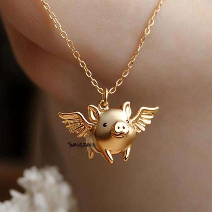 14k Solid Gold Flying Pig Pendant: Animal Jewelry - Suren Jewels | SKU: SJP4316-SLYG-20M,SJP4286-SLYGBS-20M 14k Solid Gold Flying Pig Pendant: Animal Jewelry - Suren Jewels | SKU: SJP4316-SLYG-20M,SJP4286-SLYGBS-20M