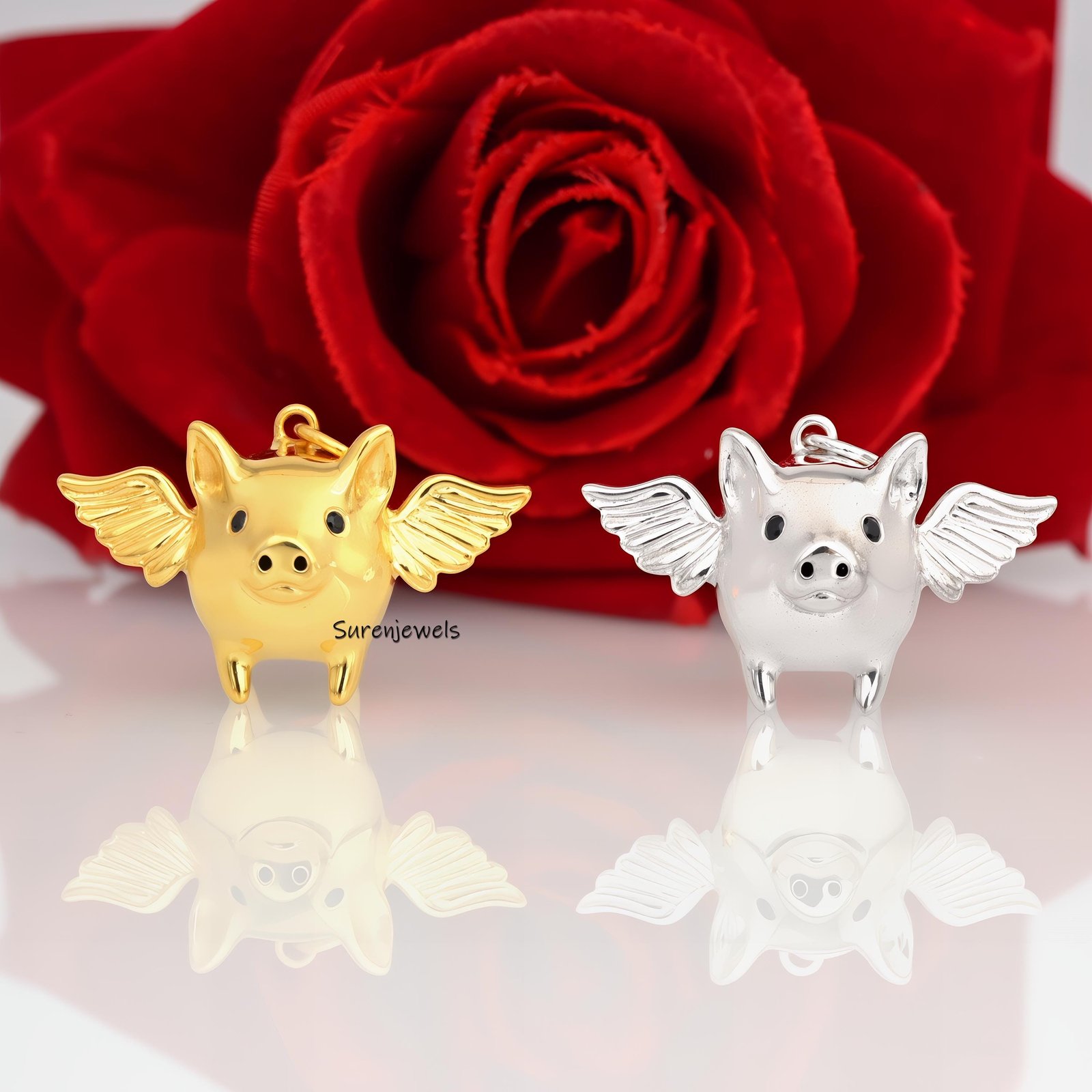 14k Solid Gold Flying Pig Pendant: Animal Jewelry - View 3 - Suren Jewels | SKU: SJP4316-SLYG-20M,SJP4286-SLYGBS-20M 14k Solid Gold Flying Pig Pendant: Animal Jewelry - View 3 - Suren Jewels | SKU: SJP4316-SLYG-20M,SJP4286-SLYGBS-20M