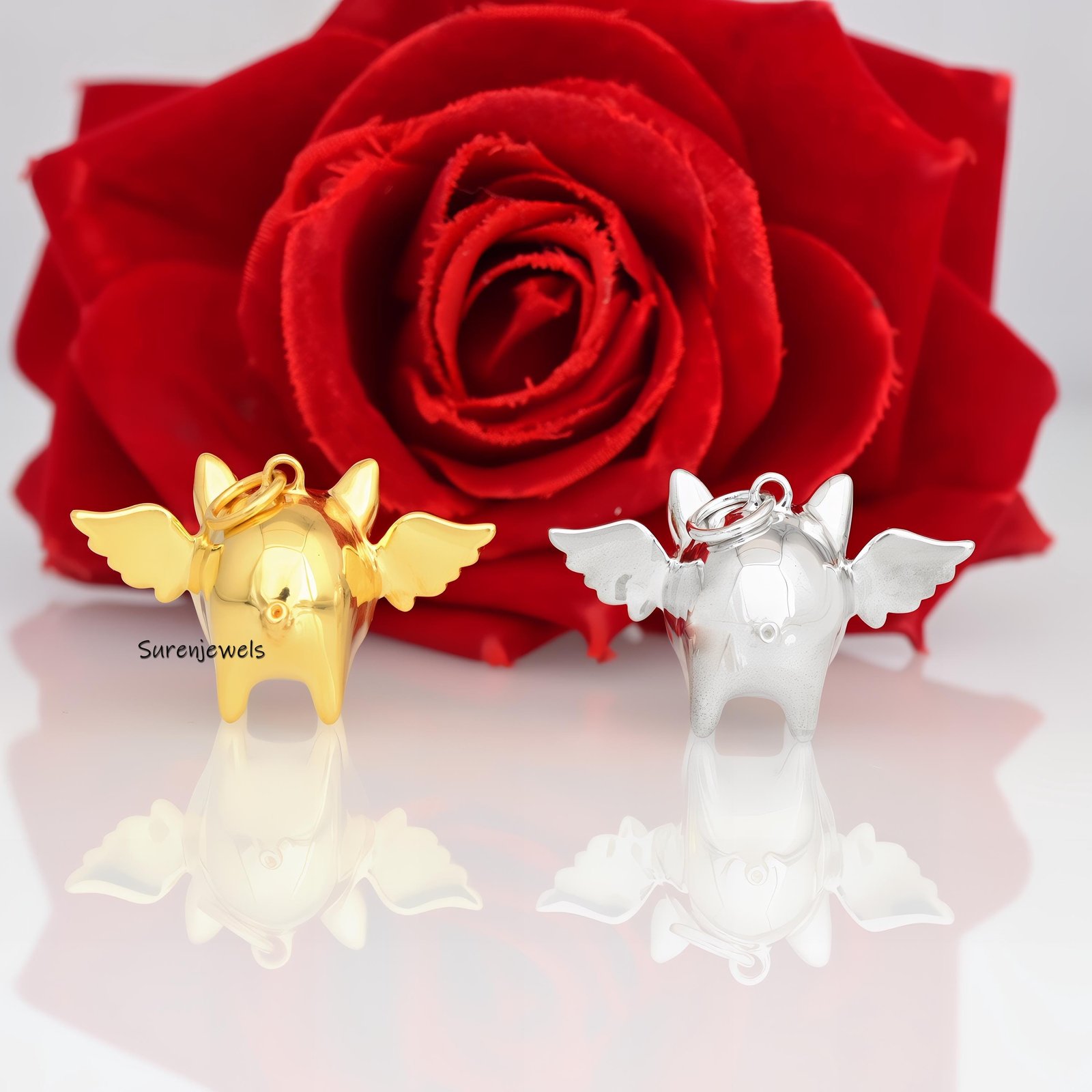 14k Solid Gold Flying Pig Pendant: Animal Jewelry - View 5 - Suren Jewels | SKU: SJP4316-SLYG-20M,SJP4286-SLYGBS-20M 14k Solid Gold Flying Pig Pendant: Animal Jewelry - View 5 - Suren Jewels | SKU: SJP4316-SLYG-20M,SJP4286-SLYGBS-20M