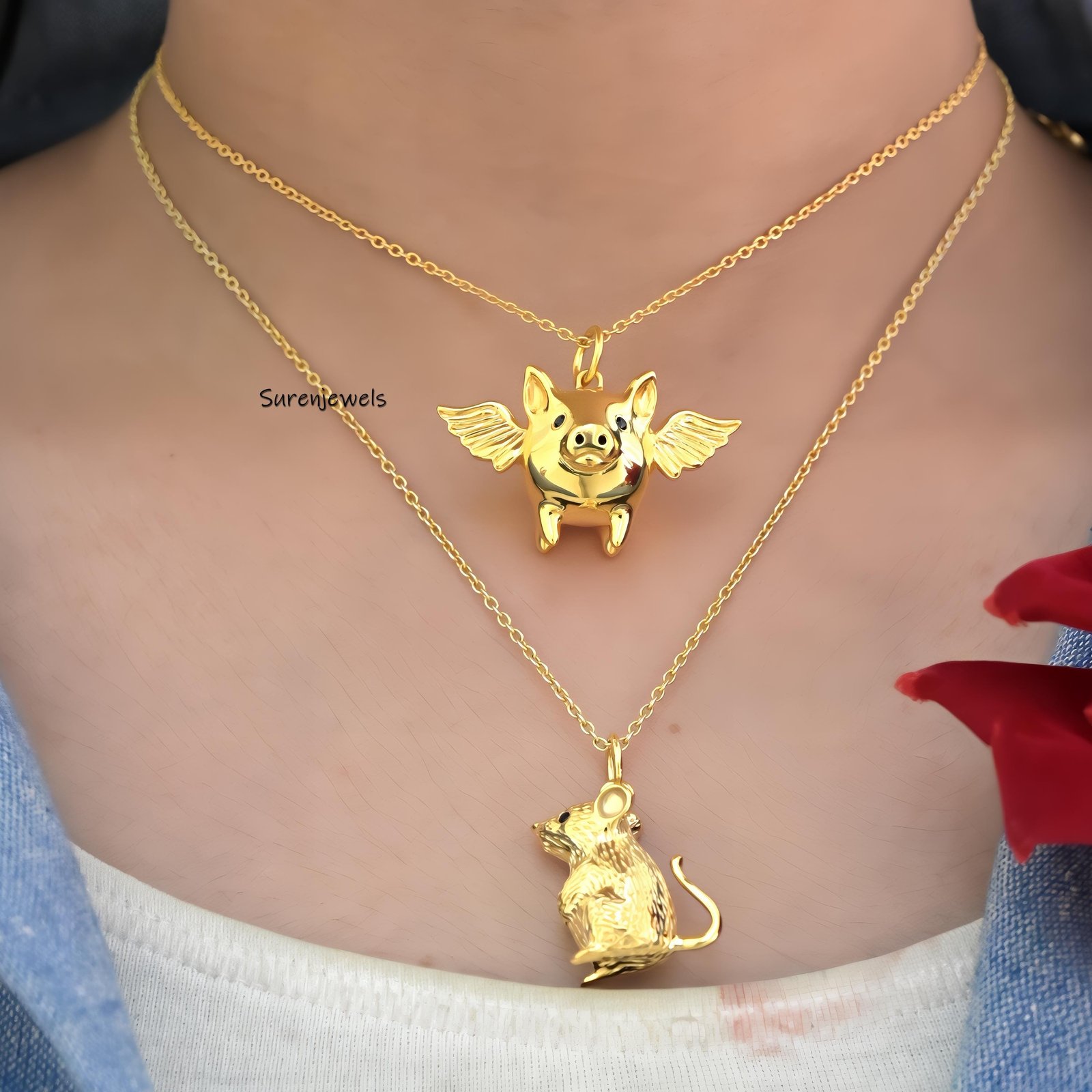 14k Solid Gold Flying Pig Pendant: Animal Jewelry - View 6 - Suren Jewels | SKU: SJP4316-SLYG-20M,SJP4286-SLYGBS-20M 14k Solid Gold Flying Pig Pendant: Animal Jewelry - View 6 - Suren Jewels | SKU: SJP4316-SLYG-20M,SJP4286-SLYGBS-20M