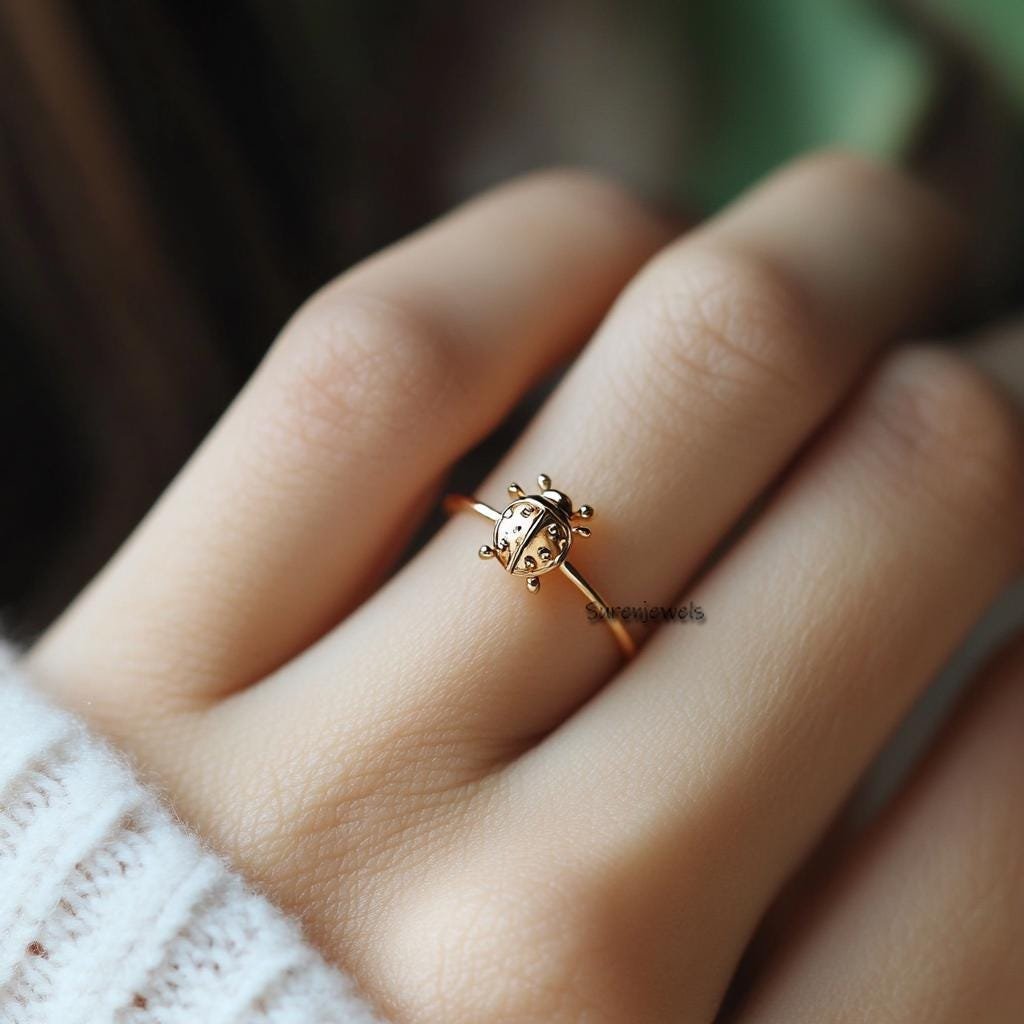 14K Solid Gold Ladybug Ring, Delicate Insect-Inspired Midi Ring, Baby Beetle Good Luck Jewelry - Suren Jewels | SKU: SJR 14K Solid Gold Ladybug Ring, Delicate Insect-Inspired Midi Ring, Baby Beetle Good Luck Jewelry - Suren Jewels | SKU: SJR