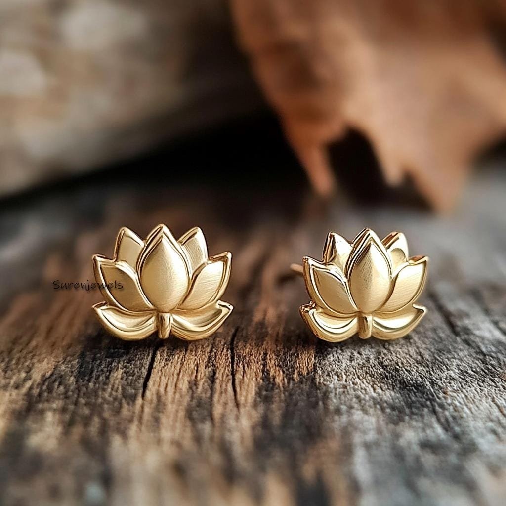 14k Solid Gold Lotus Stud Earrings: Yoga Jewelry - Suren Jewels | SKU: SJE1671-SLYG-10M 14k Solid Gold Lotus Stud Earrings: Yoga Jewelry - Suren Jewels | SKU: SJE1671-SLYG-10M
