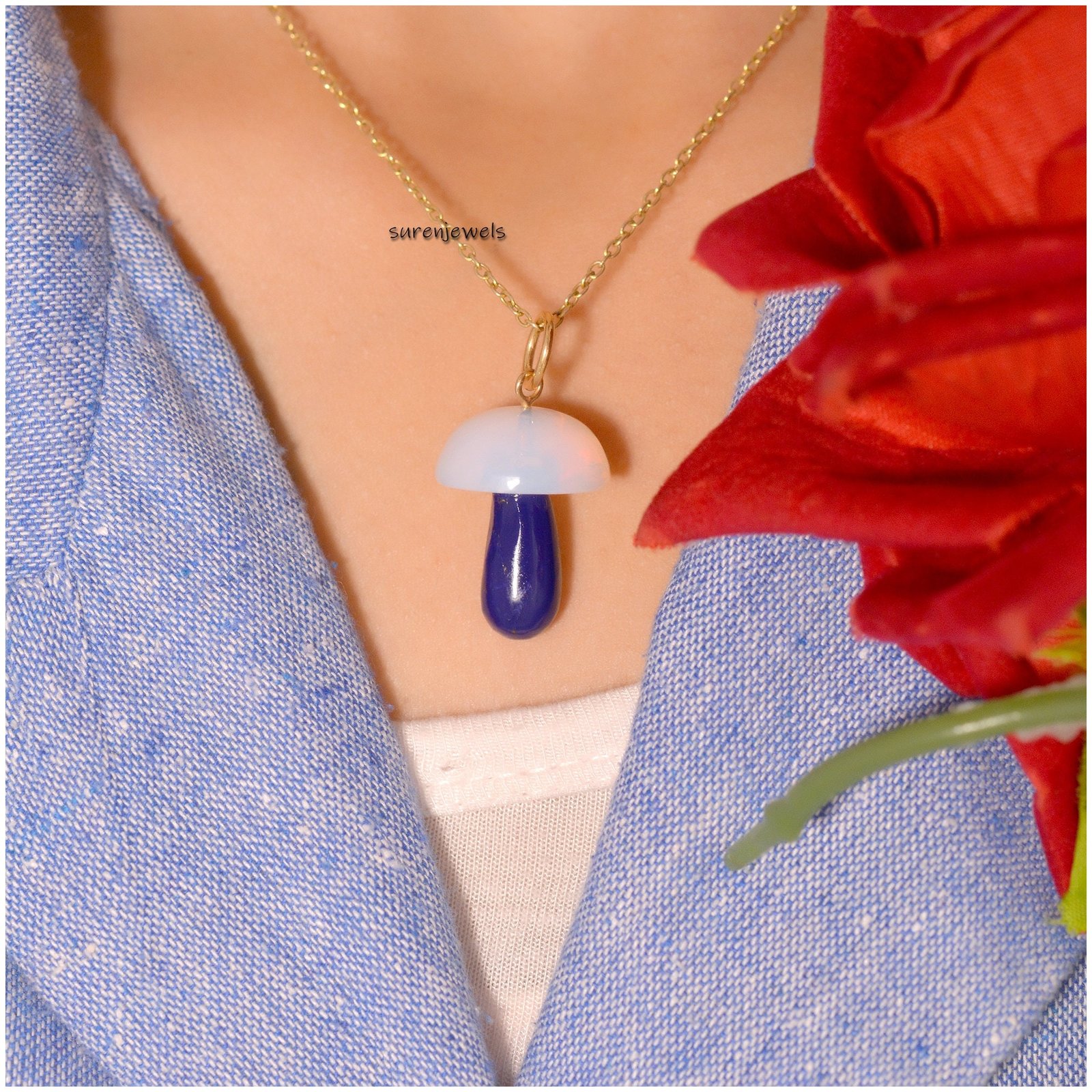 14k Solid Gold Mushroom Pendant: Gemstone Charm Necklace - Suren Jewels | SKU: SJP1382 14k Solid Gold Mushroom Pendant: Gemstone Charm Necklace - Suren Jewels | SKU: SJP1382
