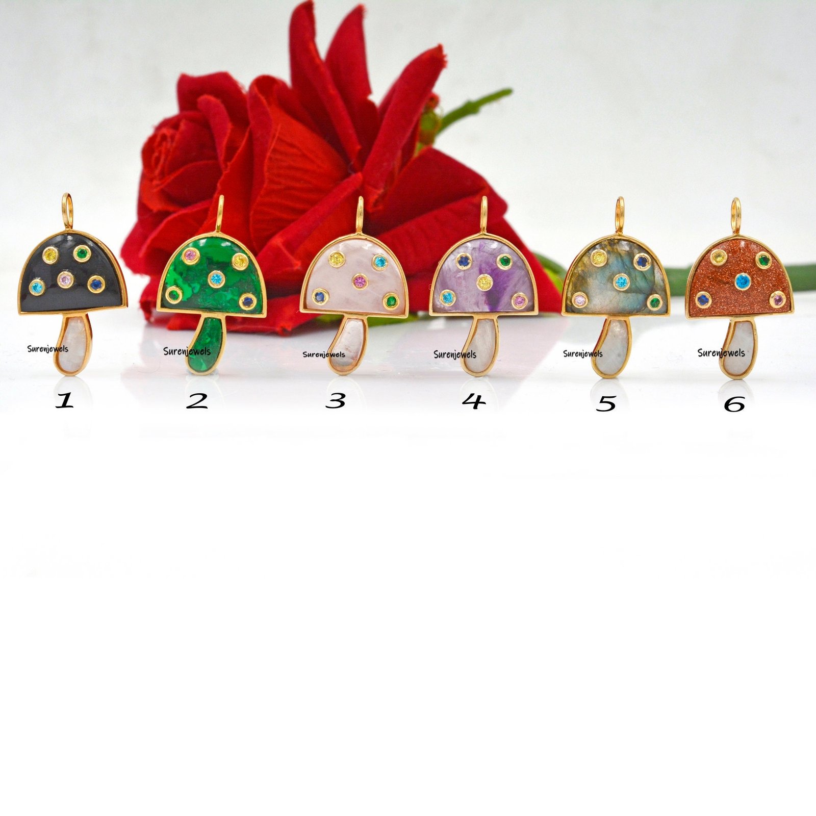 14k Solid Gold Mushroom Pendant: Gemstone Inlay, Unique Design - Suren Jewels | SKU: SJP980 14k Solid Gold Mushroom Pendant: Gemstone Inlay, Unique Design - Suren Jewels | SKU: SJP980