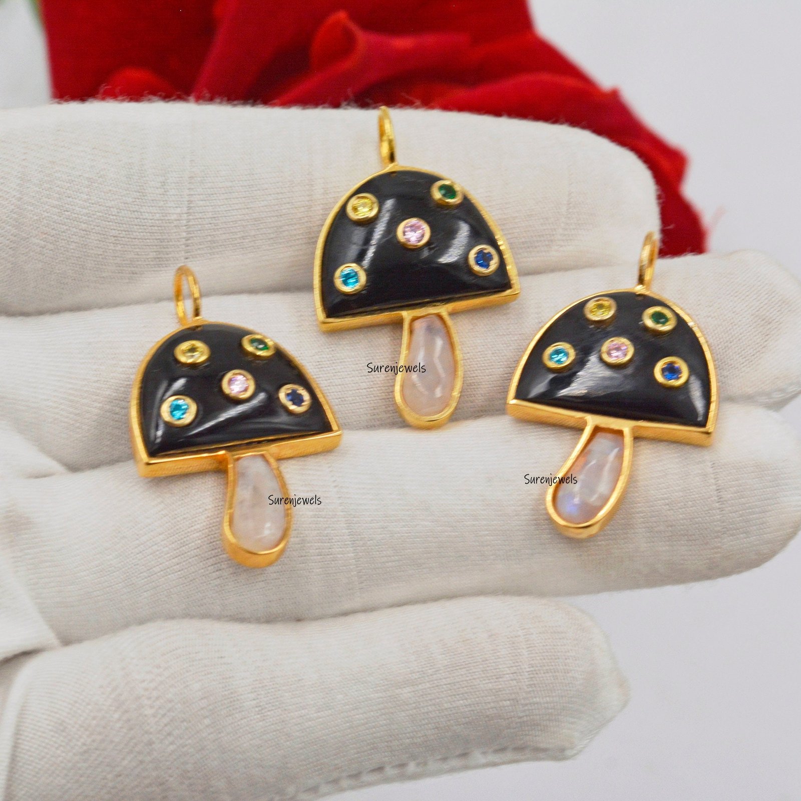 14k Solid Gold Mushroom Pendant: Gemstone Inlay, Unique Design - View 2 - Suren Jewels | SKU: SJP980 14k Solid Gold Mushroom Pendant: Gemstone Inlay, Unique Design - View 2 - Suren Jewels | SKU: SJP980