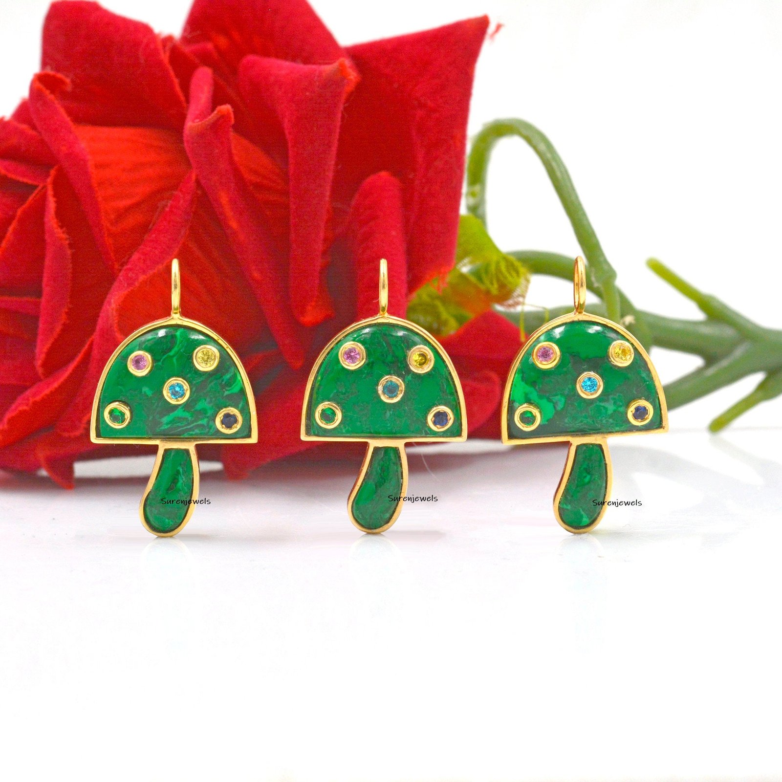 14k Solid Gold Mushroom Pendant: Gemstone Inlay, Unique Design - View 3 - Suren Jewels | SKU: SJP980 14k Solid Gold Mushroom Pendant: Gemstone Inlay, Unique Design - View 3 - Suren Jewels | SKU: SJP980