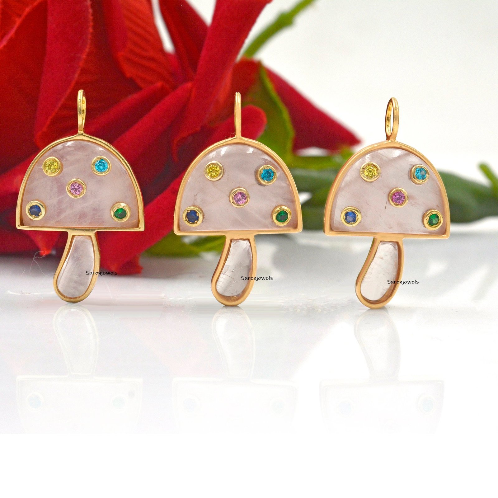 14k Solid Gold Mushroom Pendant: Gemstone Inlay, Unique Design - View 4 - Suren Jewels | SKU: SJP980 14k Solid Gold Mushroom Pendant: Gemstone Inlay, Unique Design - View 4 - Suren Jewels | SKU: SJP980