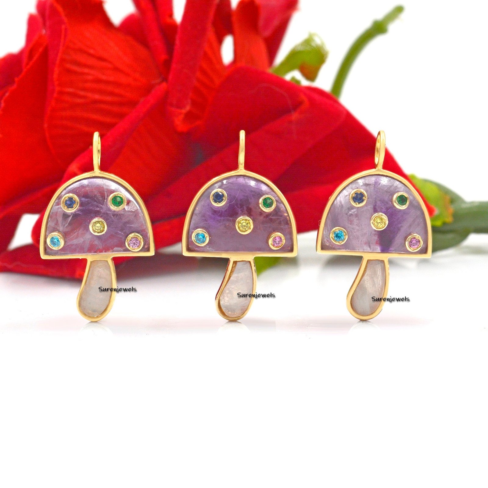14k Solid Gold Mushroom Pendant: Gemstone Inlay, Unique Design - View 5 - Suren Jewels | SKU: SJP980 14k Solid Gold Mushroom Pendant: Gemstone Inlay, Unique Design - View 5 - Suren Jewels | SKU: SJP980