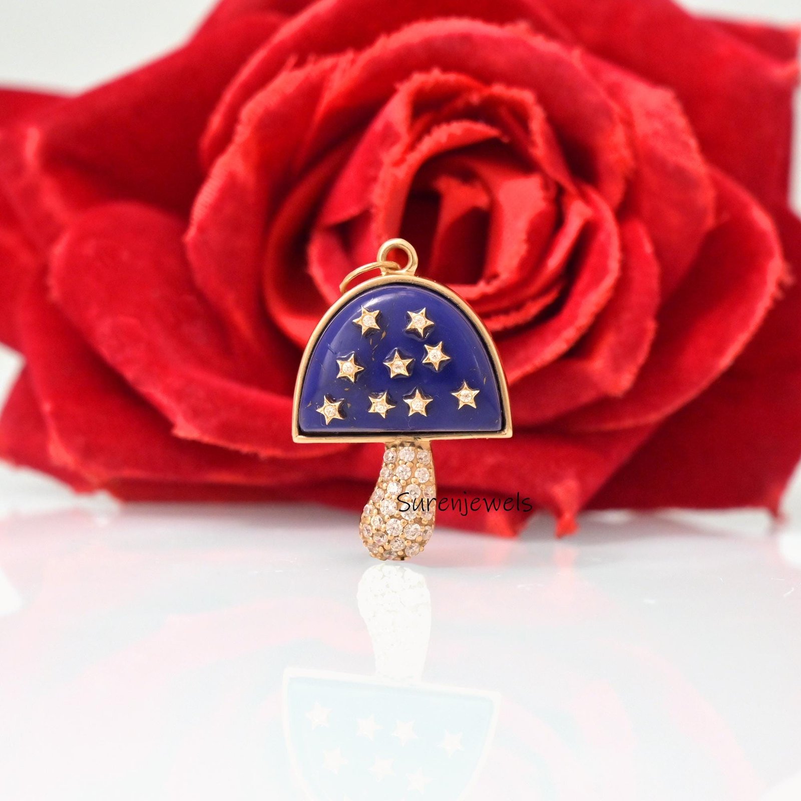 14k Solid Gold Mushroom Pendant: Pave Gemstone Magic Jewelry - Suren Jewels | SKU: MJM68- 14k Solid Gold Mushroom Pendant: Pave Gemstone Magic Jewelry - Suren Jewels | SKU: MJM68-