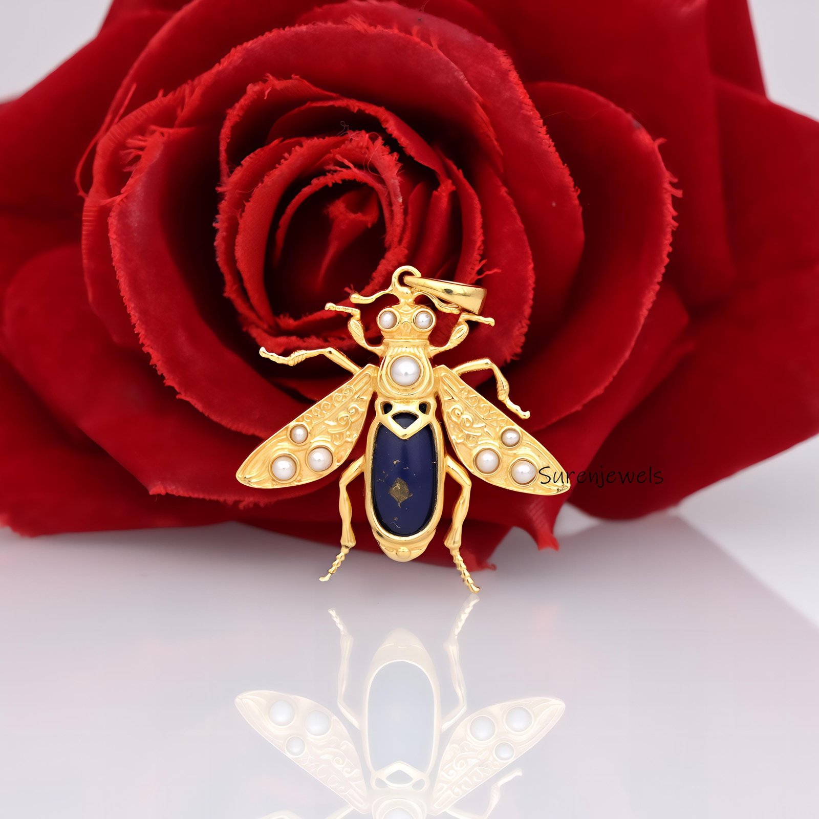14k Solid Gold Opal Bee Pendant: Gemstone Honey Bee Charm - Suren Jewels | SKU: SJP3864-SLYGGOP-25M,SJP4355-SLYGRCRPL-35M 14k Solid Gold Opal Bee Pendant: Gemstone Honey Bee Charm - Suren Jewels | SKU: SJP3864-SLYGGOP-25M,SJP4355-SLYGRCRPL-35M