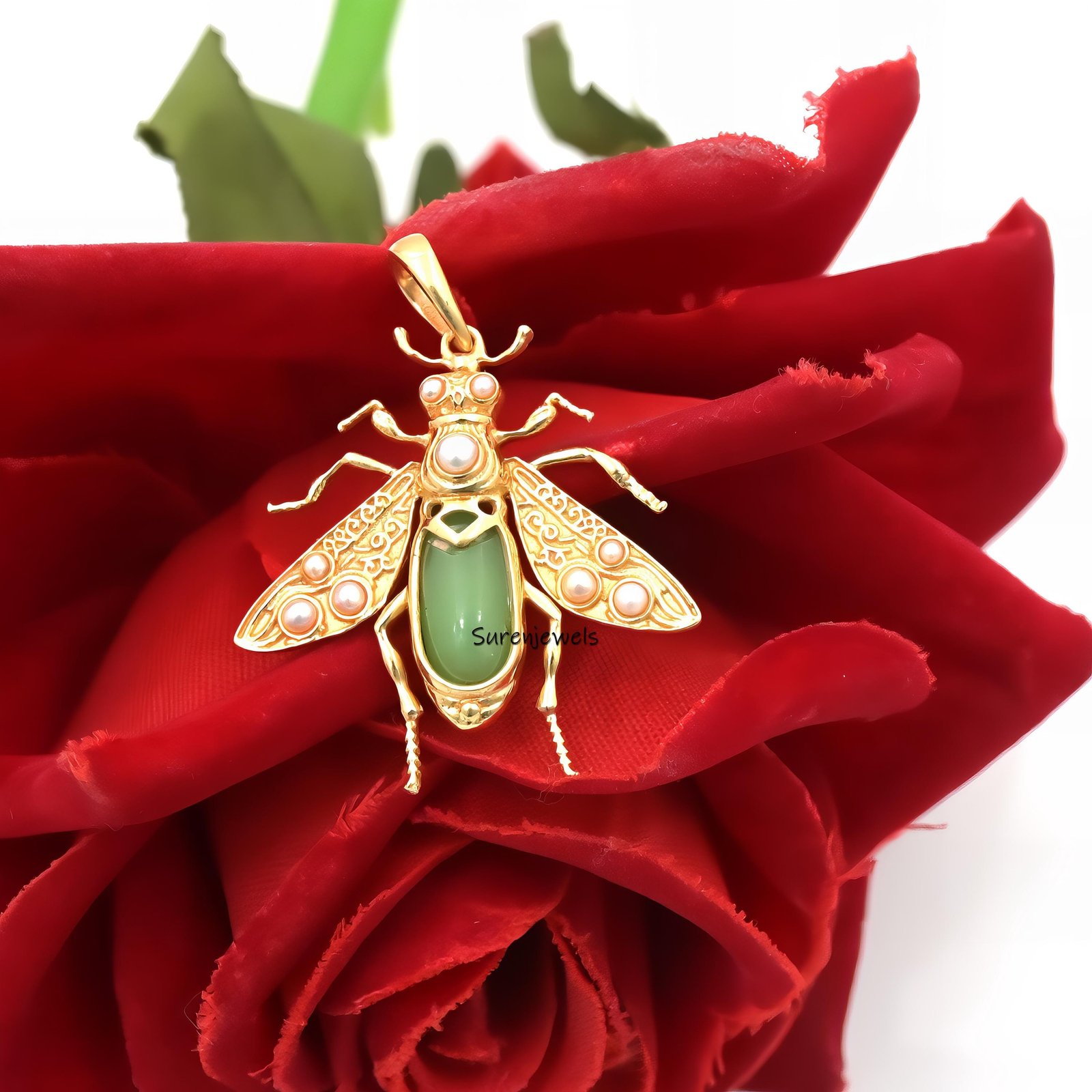 14k Solid Gold Opal Bee Pendant: Gemstone Honey Bee Charm - View 3 - Suren Jewels | SKU: SJP3864-SLYGGOP-25M,SJP4355-SLYGRCRP 14k Solid Gold Opal Bee Pendant: Gemstone Honey Bee Charm - View 3 - Suren Jewels | SKU: SJP3864-SLYGGOP-25M,SJP4355-SLYGRCRP