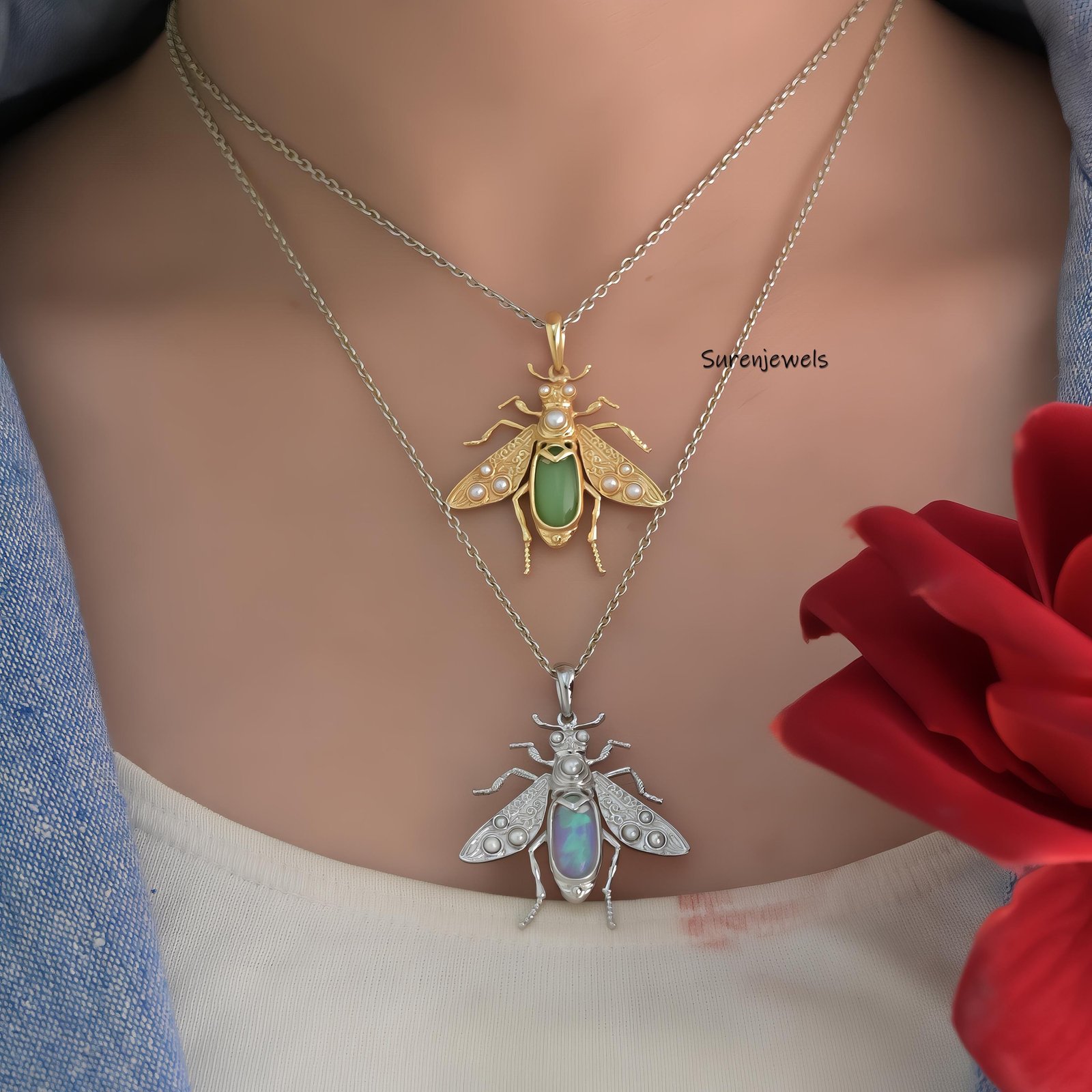 14k Solid Gold Opal Bee Pendant: Gemstone Honey Bee Charm - View 4 - Suren Jewels | SKU: SJP3864-SLYGGOP-25M,SJP4355-SLYGRCRP 14k Solid Gold Opal Bee Pendant: Gemstone Honey Bee Charm - View 4 - Suren Jewels | SKU: SJP3864-SLYGGOP-25M,SJP4355-SLYGRCRP