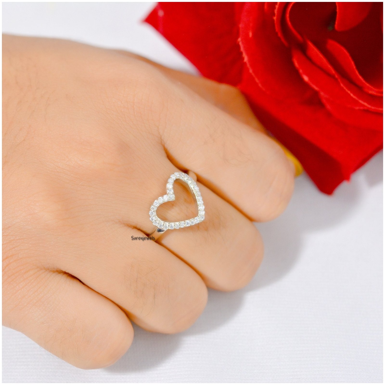 14k Solid Gold Open Heart White Topaz Ring, Handmade Jewelry - Suren Jewels | SKU: SJR998-SLWGMN-US-9 (5)-E 14k Solid Gold Open Heart White Topaz Ring, Handmade Jewelry - Suren Jewels | SKU: SJR998-SLWGMN-US-9 (5)-E