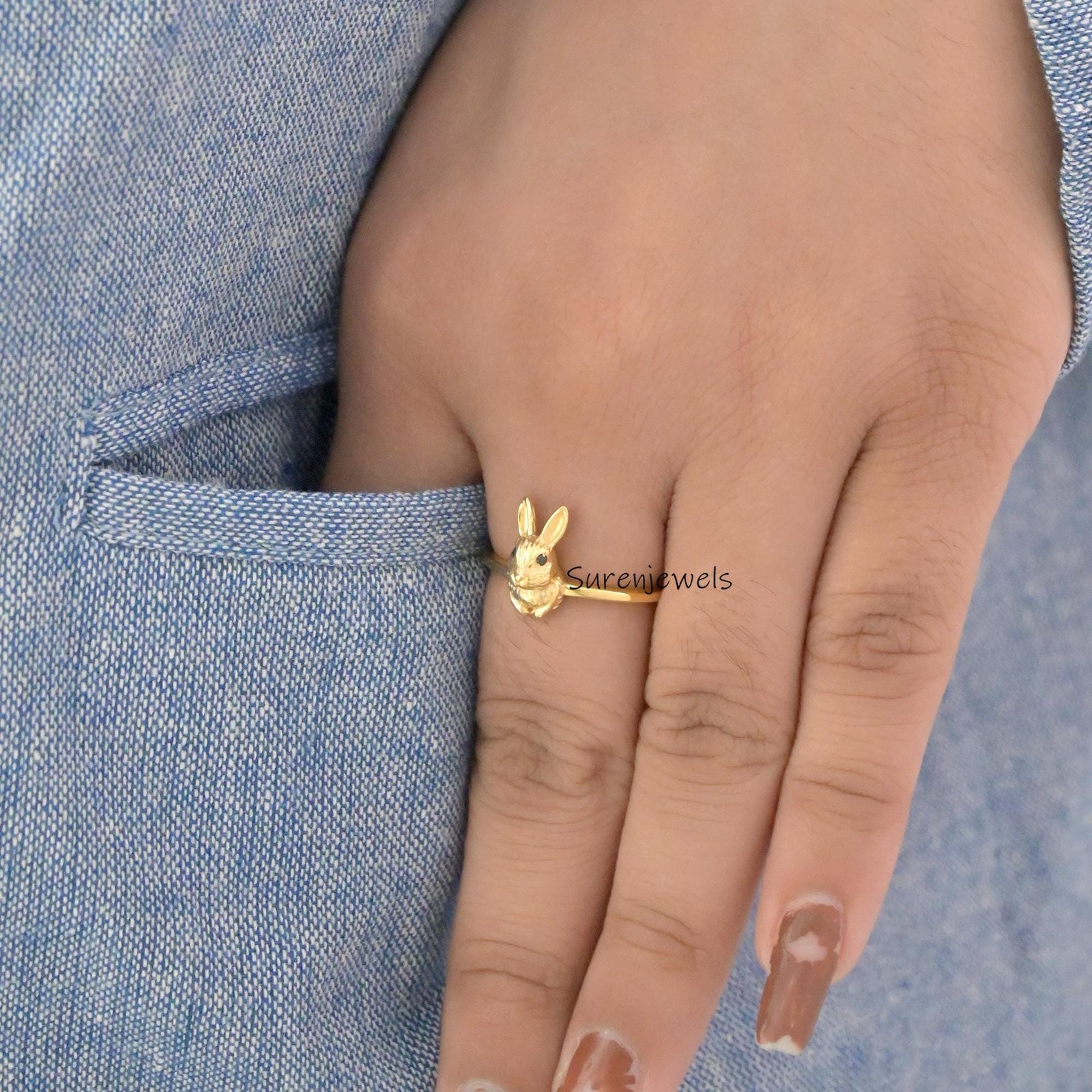 14K Solid Gold Rabbit Ring: Handmade Lucky Bunny Jewelry - View 5 - Suren Jewels | SKU: SJR2881-SLYGBKCZ-US-7,SJR2882-SLRH-US 14K Solid Gold Rabbit Ring: Handmade Lucky Bunny Jewelry - View 5 - Suren Jewels | SKU: SJR2881-SLYGBKCZ-US-7,SJR2882-SLRH-US