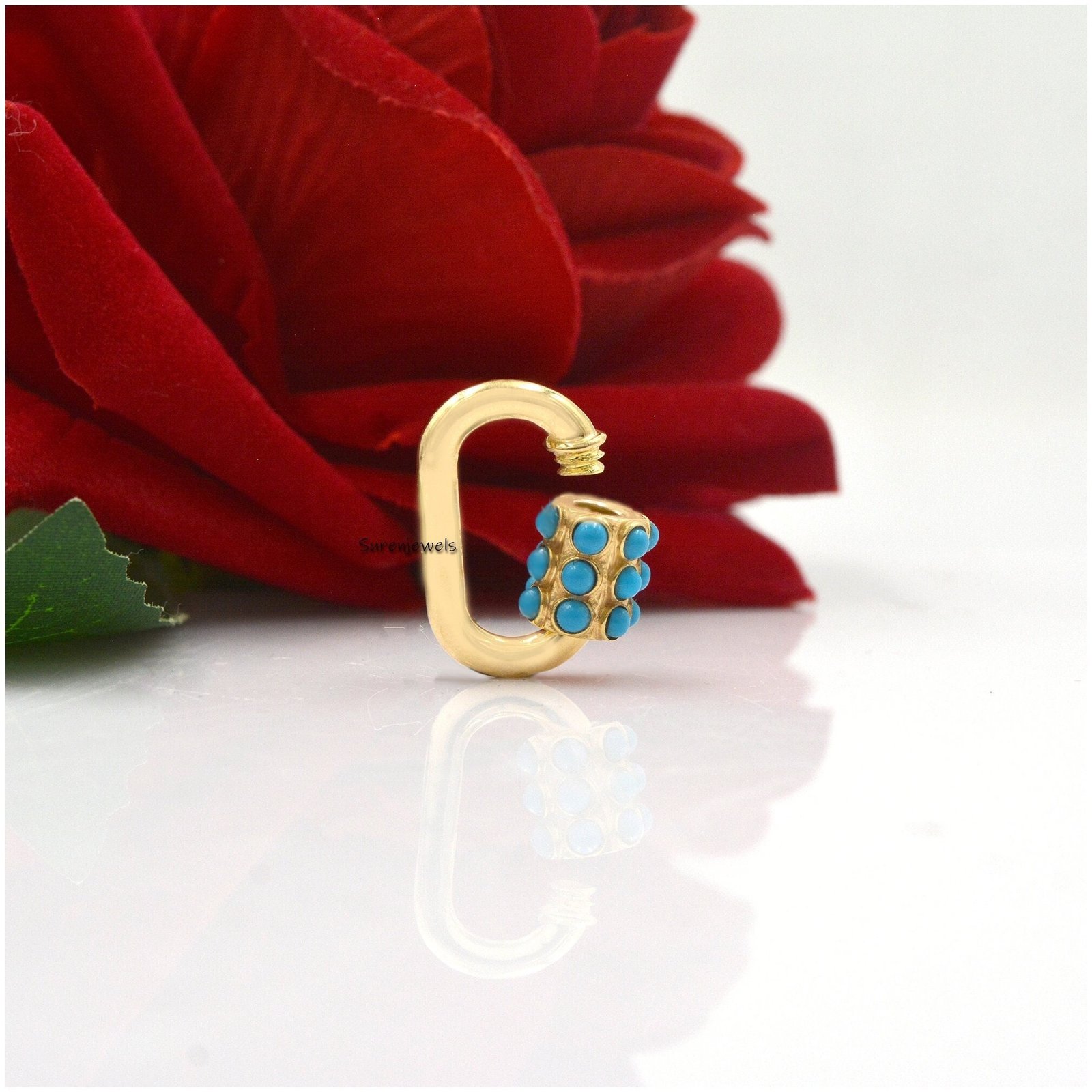 14K Solid Gold Turquoise Carabiner Lock: Gemstone Pendant - Suren Jewels | SKU: SJC34-SLYGTQ-20M 14K Solid Gold Turquoise Carabiner Lock: Gemstone Pendant - Suren Jewels | SKU: SJC34-SLYGTQ-20M