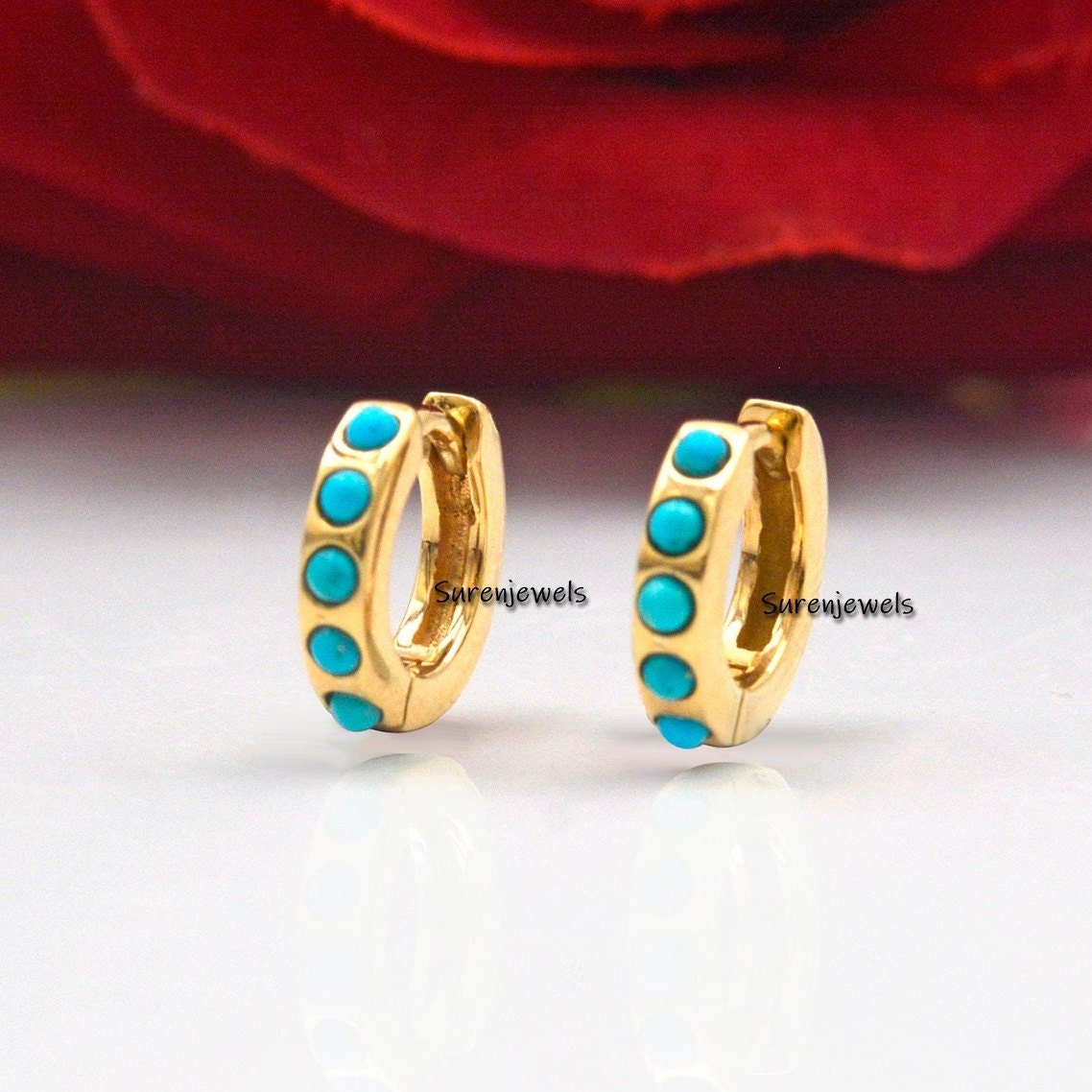 14k Solid Gold Turquoise Huggie Earrings - 10mm - Suren Jewels | SKU: SJE933-SLNSTQ-10M 14k Solid Gold Turquoise Huggie Earrings - 10mm - Suren Jewels | SKU: SJE933-SLNSTQ-10M