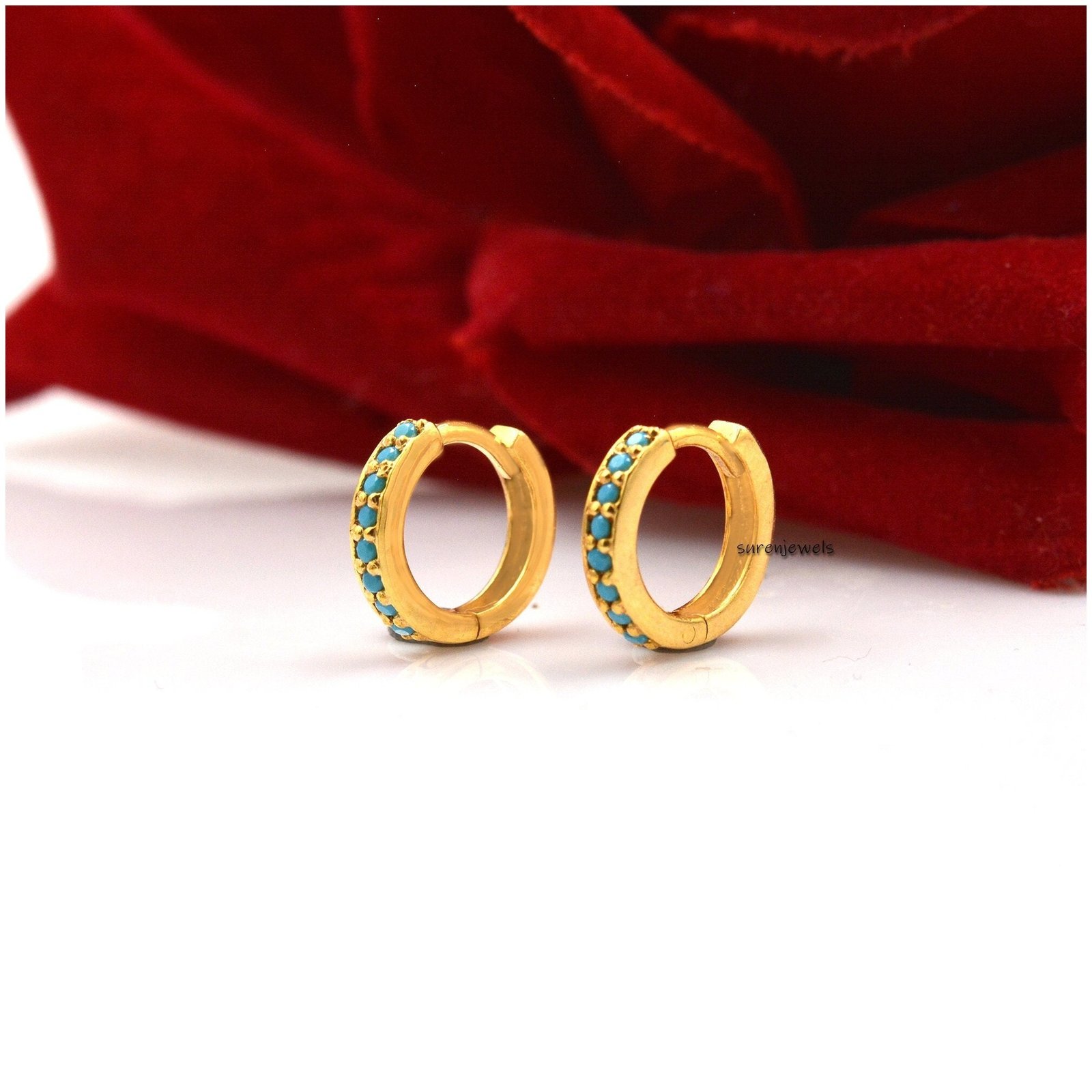 14k Solid Gold Turquoise Huggie Earrings: Handmade Hoop Pair - Suren Jewels | SKU: SJE1005-SLYGYQ-10M 14k Solid Gold Turquoise Huggie Earrings: Handmade Hoop Pair - Suren Jewels | SKU: SJE1005-SLYGYQ-10M