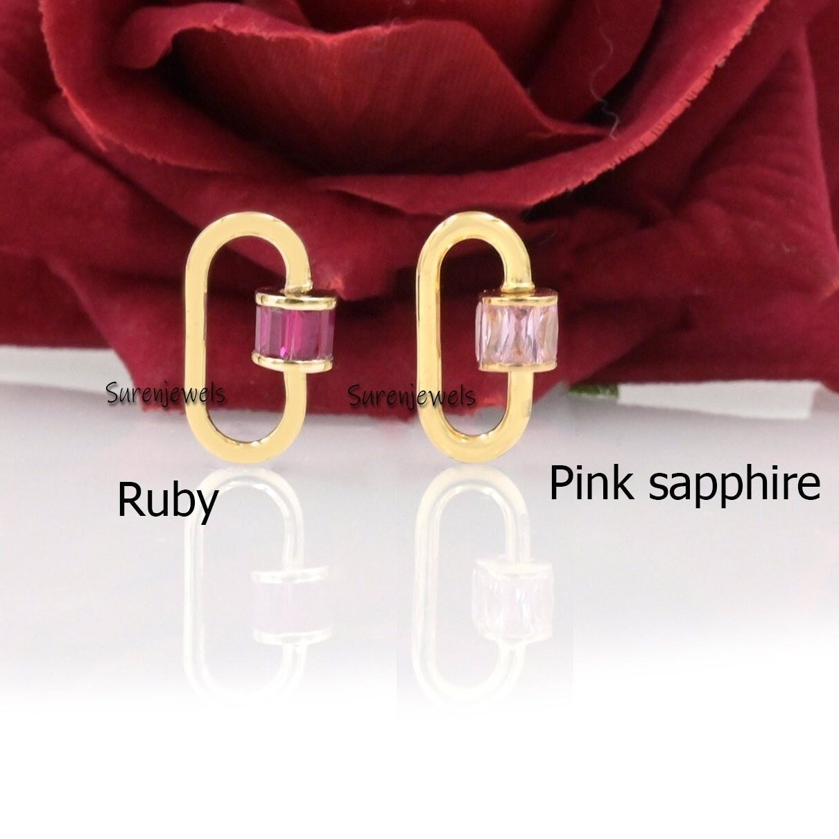 14K Yellow Gold Carabiner Lock: Vintage Emerald Baguette Screw - View 3 - Suren Jewels | SKU: SJC22-14KYGBTTAQ-N47-18I-14K 14K Yellow Gold Carabiner Lock: Vintage Emerald Baguette Screw - View 3 - Suren Jewels | SKU: SJC22-14KYGBTTAQ-N47-18I-14K