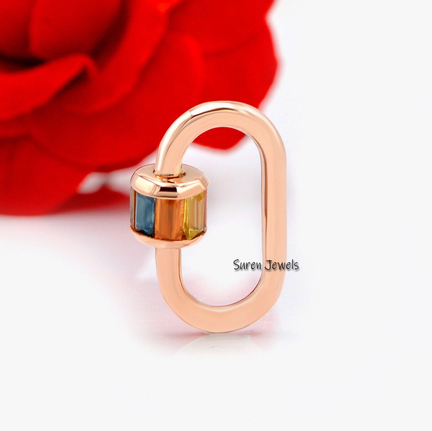14K Yellow Gold Carabiner Lock: Vintage Emerald Baguette Screw - View 4 - Suren Jewels | SKU: SJC22-14KYGBTTAQ-N47-18I-14K 14K Yellow Gold Carabiner Lock: Vintage Emerald Baguette Screw - View 4 - Suren Jewels | SKU: SJC22-14KYGBTTAQ-N47-18I-14K
