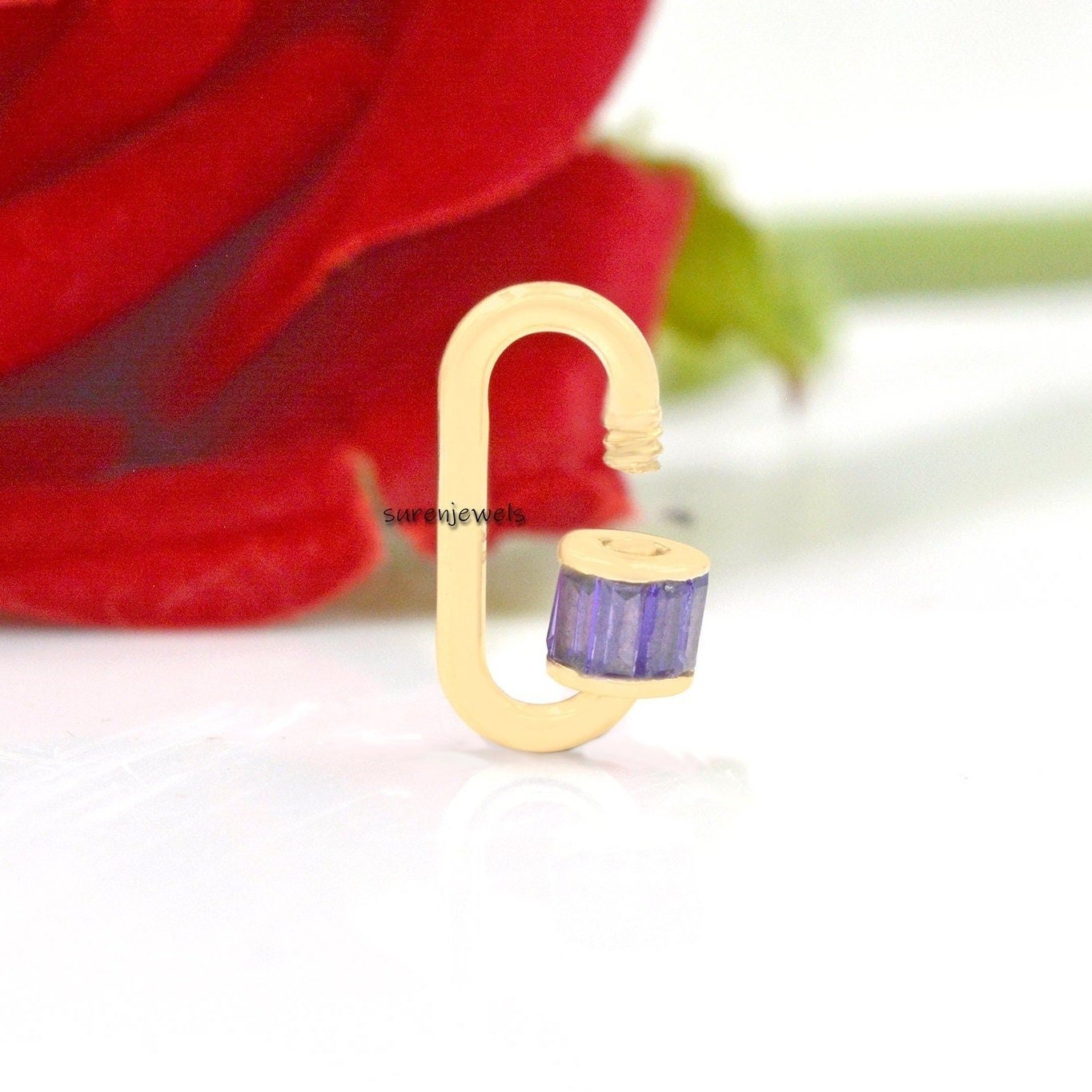 14K Yellow Gold Carabiner Lock: Vintage Emerald Baguette Screw - View 5 - Suren Jewels | SKU: SJC22-14KYGBTTAQ-N47-18I-14K 14K Yellow Gold Carabiner Lock: Vintage Emerald Baguette Screw - View 5 - Suren Jewels | SKU: SJC22-14KYGBTTAQ-N47-18I-14K