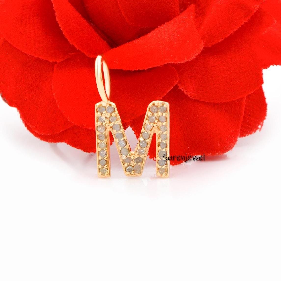 14K Yellow Gold Letter M Charm: Pink Sapphire & Diamond Initial - Suren Jewels | SKU: SJP665 14K Yellow Gold Letter M Charm: Pink Sapphire & Diamond Initial - Suren Jewels | SKU: SJP665