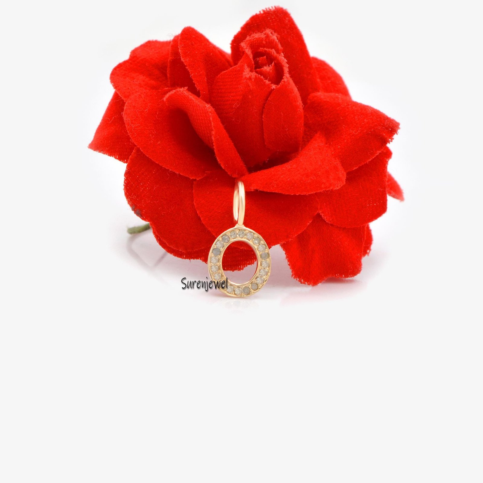 14K Yellow Gold Letter M Charm: Pink Sapphire & Diamond Initial - View 2 - Suren Jewels | SKU: SJP665 14K Yellow Gold Letter M Charm: Pink Sapphire & Diamond Initial - View 2 - Suren Jewels | SKU: SJP665