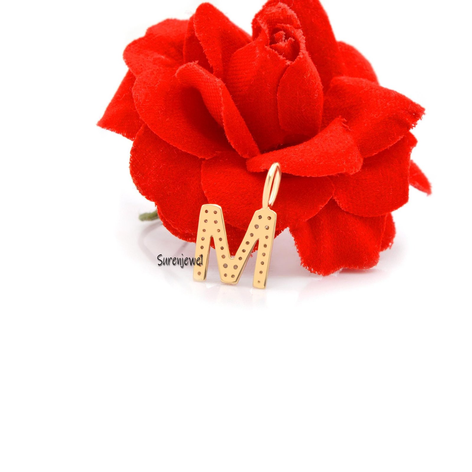 14K Yellow Gold Letter M Charm: Pink Sapphire & Diamond Initial - View 3 - Suren Jewels | SKU: SJP665 14K Yellow Gold Letter M Charm: Pink Sapphire & Diamond Initial - View 3 - Suren Jewels | SKU: SJP665