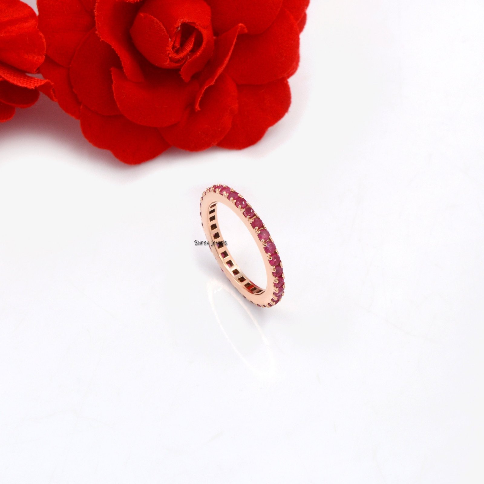 14K Yellow Gold Ruby Wedding Band: Dainty Stacking Ring - Suren Jewels | SKU: SJR380-14KYGPSP 14K Yellow Gold Ruby Wedding Band: Dainty Stacking Ring - Suren Jewels | SKU: SJR380-14KYGPSP