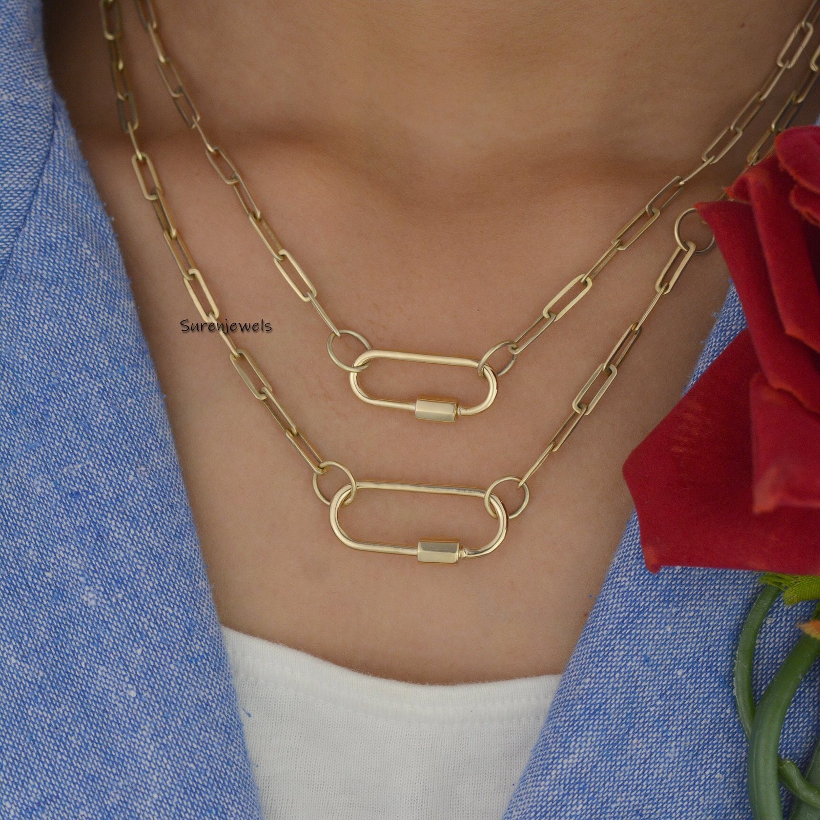 14K Yellow Gold Screw Carabiner Lock: Necklace Connector - Suren Jewels | SKU: SJC130-14KYG-16M 14K Yellow Gold Screw Carabiner Lock: Necklace Connector - Suren Jewels | SKU: SJC130-14KYG-16M