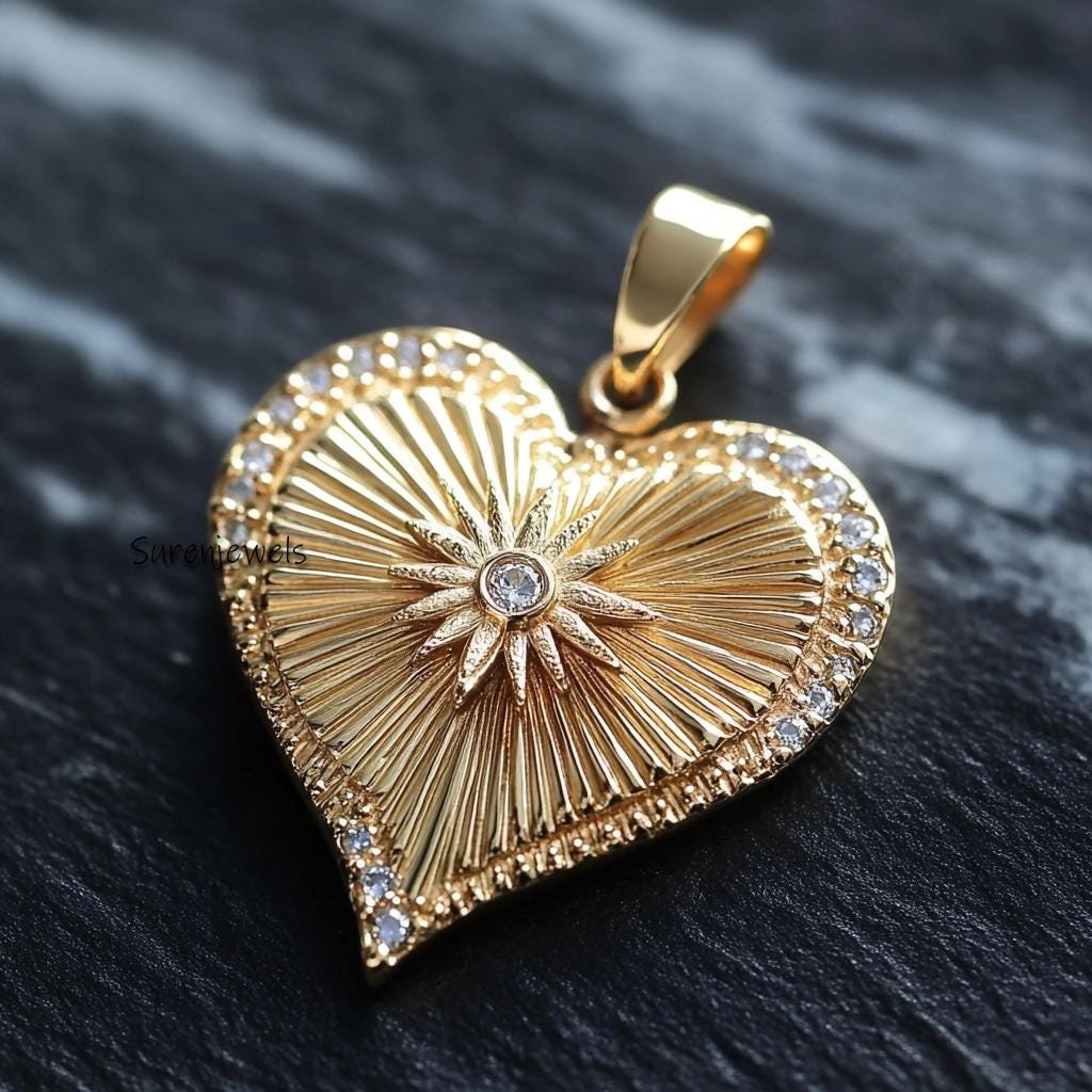 25mm 14K Gold Fluted Heart Pendant: Sunburst Charm - Suren Jewels | SKU: SJP4391-9KYGDI-25M,SJP5208-SLYGCZ-25M,SJP5541-SLRGRU 25mm 14K Gold Fluted Heart Pendant: Sunburst Charm - Suren Jewels | SKU: SJP4391-9KYGDI-25M,SJP5208-SLYGCZ-25M,SJP5541-SLRGRU