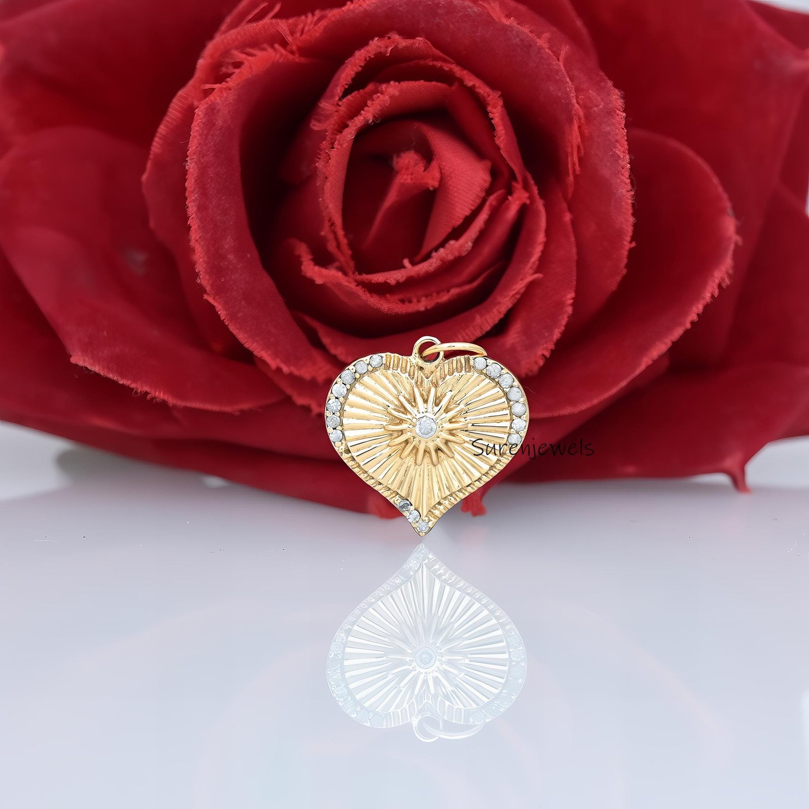 25mm 14K Gold Fluted Heart Pendant: Sunburst Charm - View 2 - Suren Jewels | SKU: SJP4391-9KYGDI-25M,SJP5208-SLYGCZ-25M,SJP55 25mm 14K Gold Fluted Heart Pendant: Sunburst Charm - View 2 - Suren Jewels | SKU: SJP4391-9KYGDI-25M,SJP5208-SLYGCZ-25M,SJP55